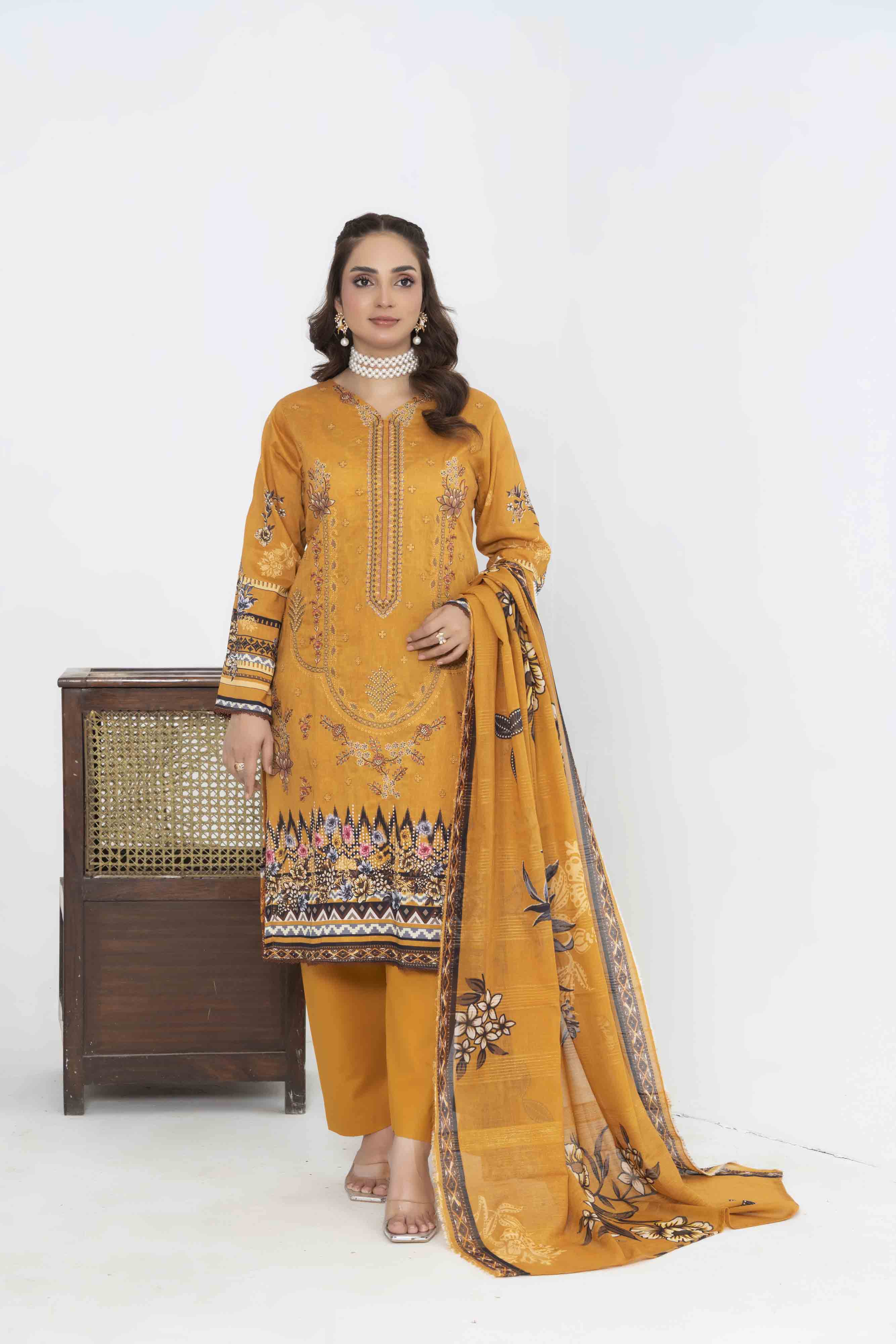 Luxury Mustard Printed Embroidered 3 Pcs Lawn Set