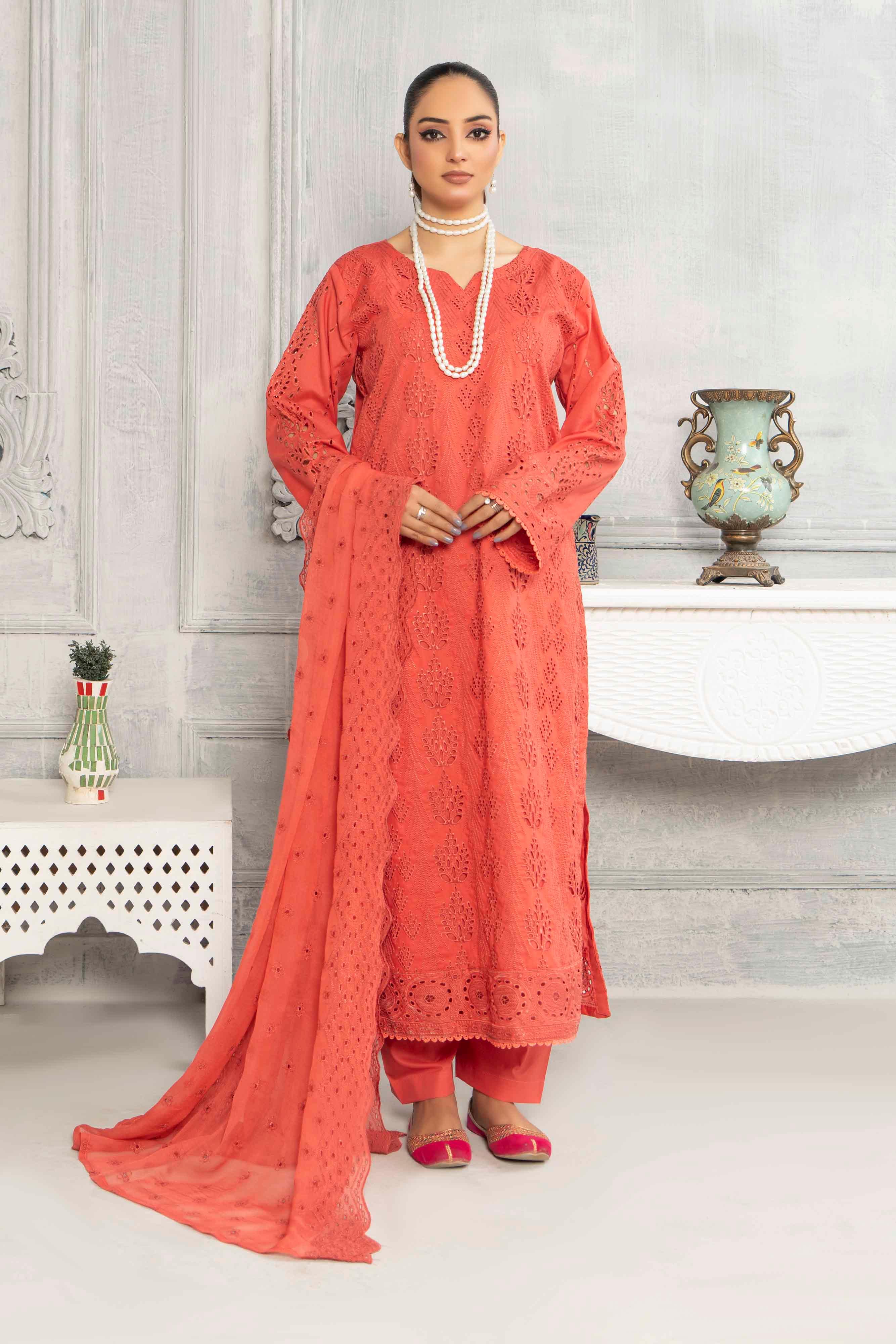 Peach Schiffli Embroided Lawn Set