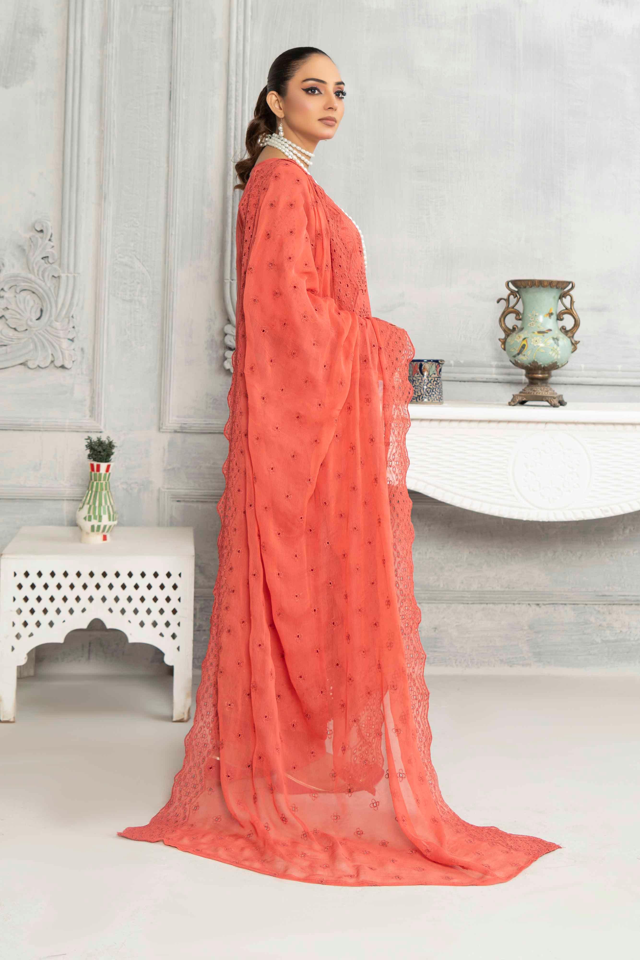 Peach Schiffli Embroided Lawn Set