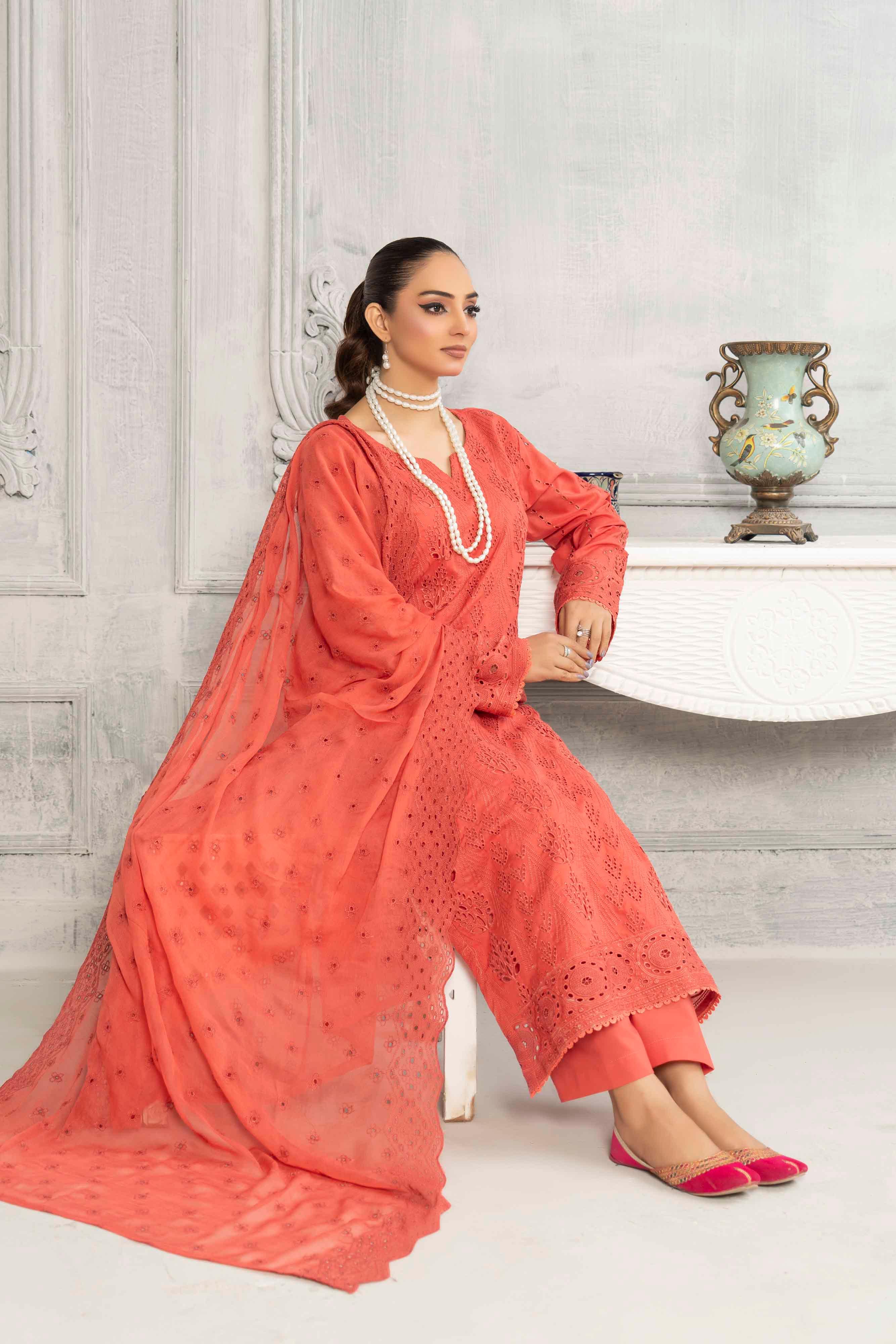 Peach Schiffli Embroided Lawn Set