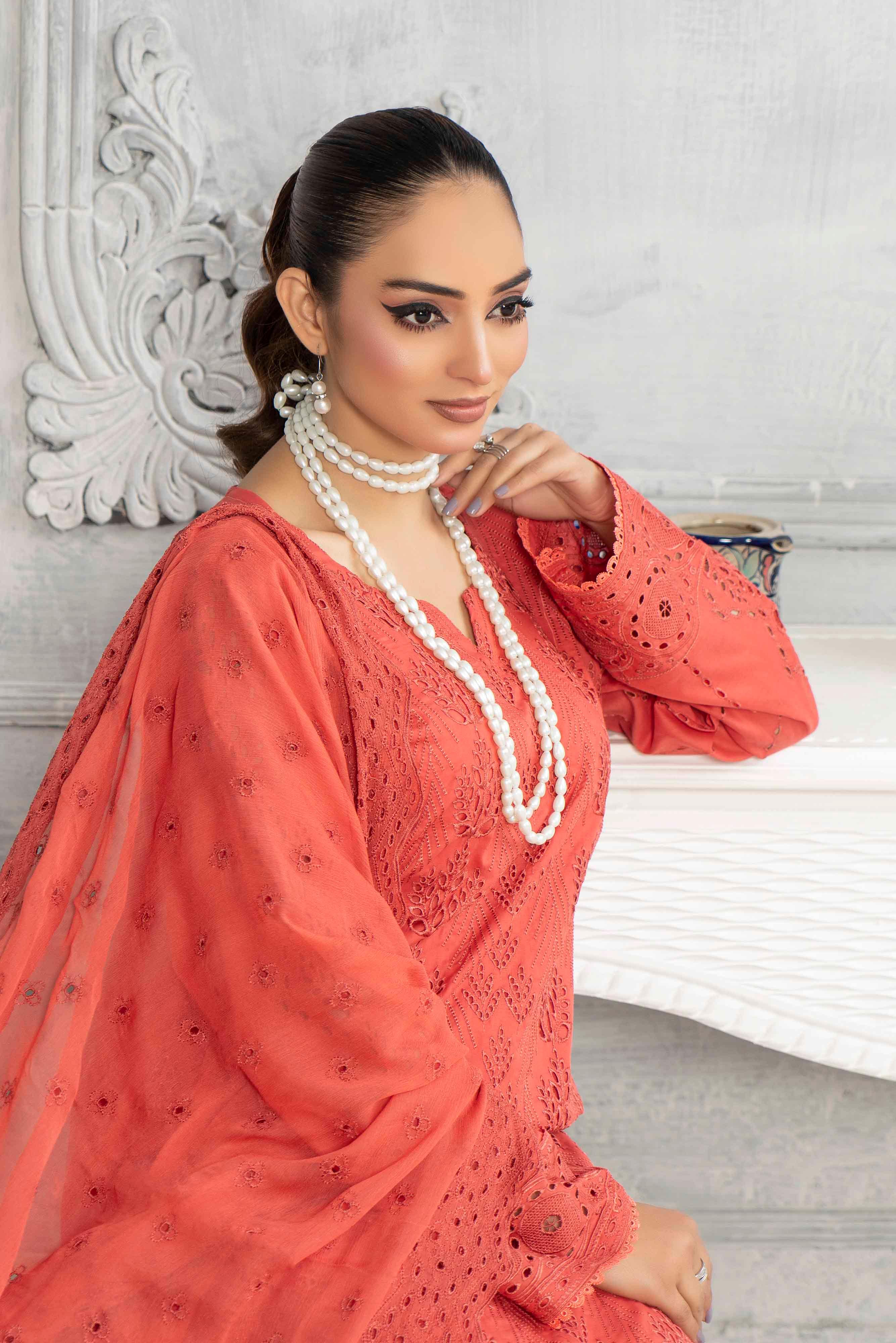 Peach Schiffli Embroided Lawn Set