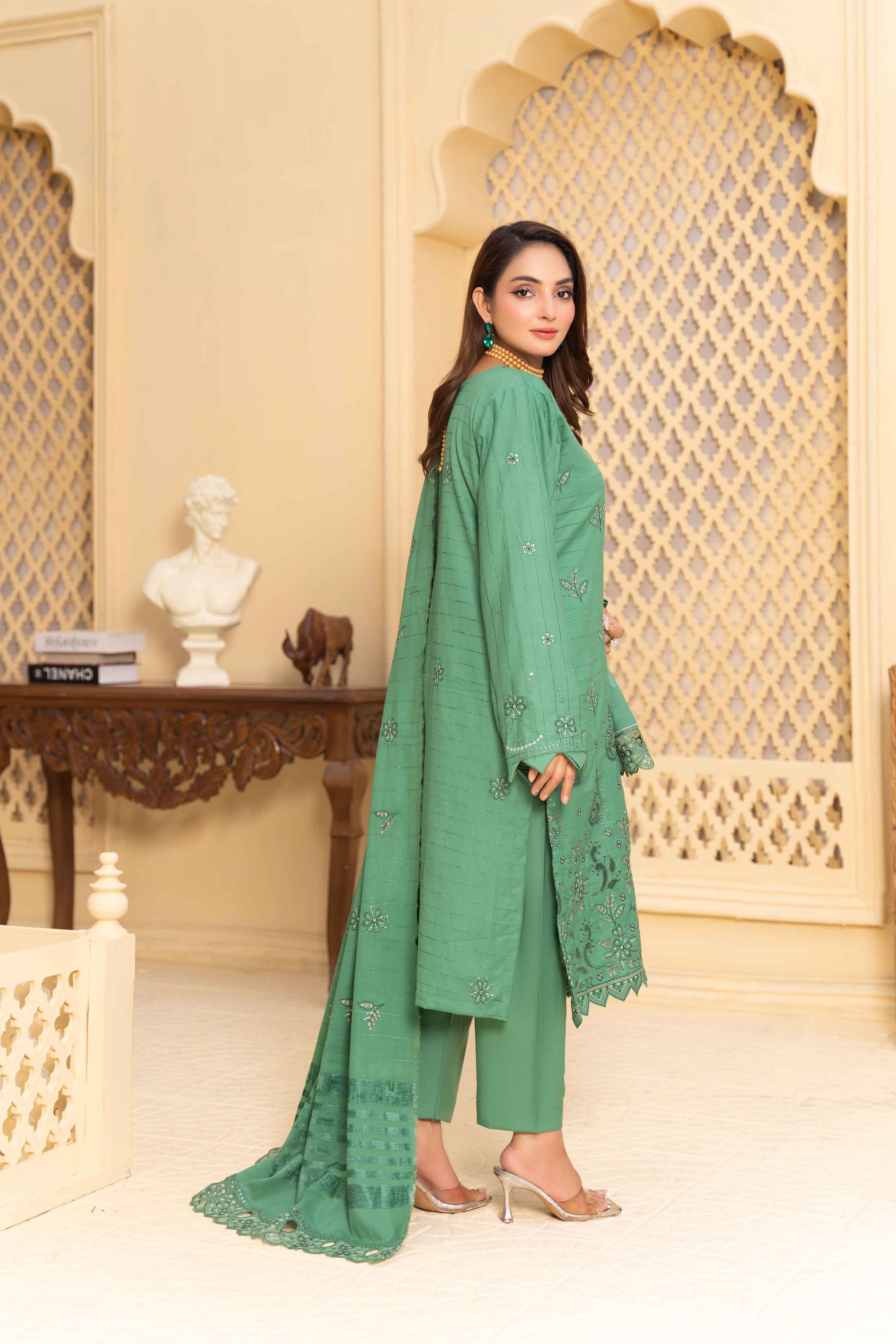 Pistachio 3 Pcs Dhanak Embroidered Applique suit
