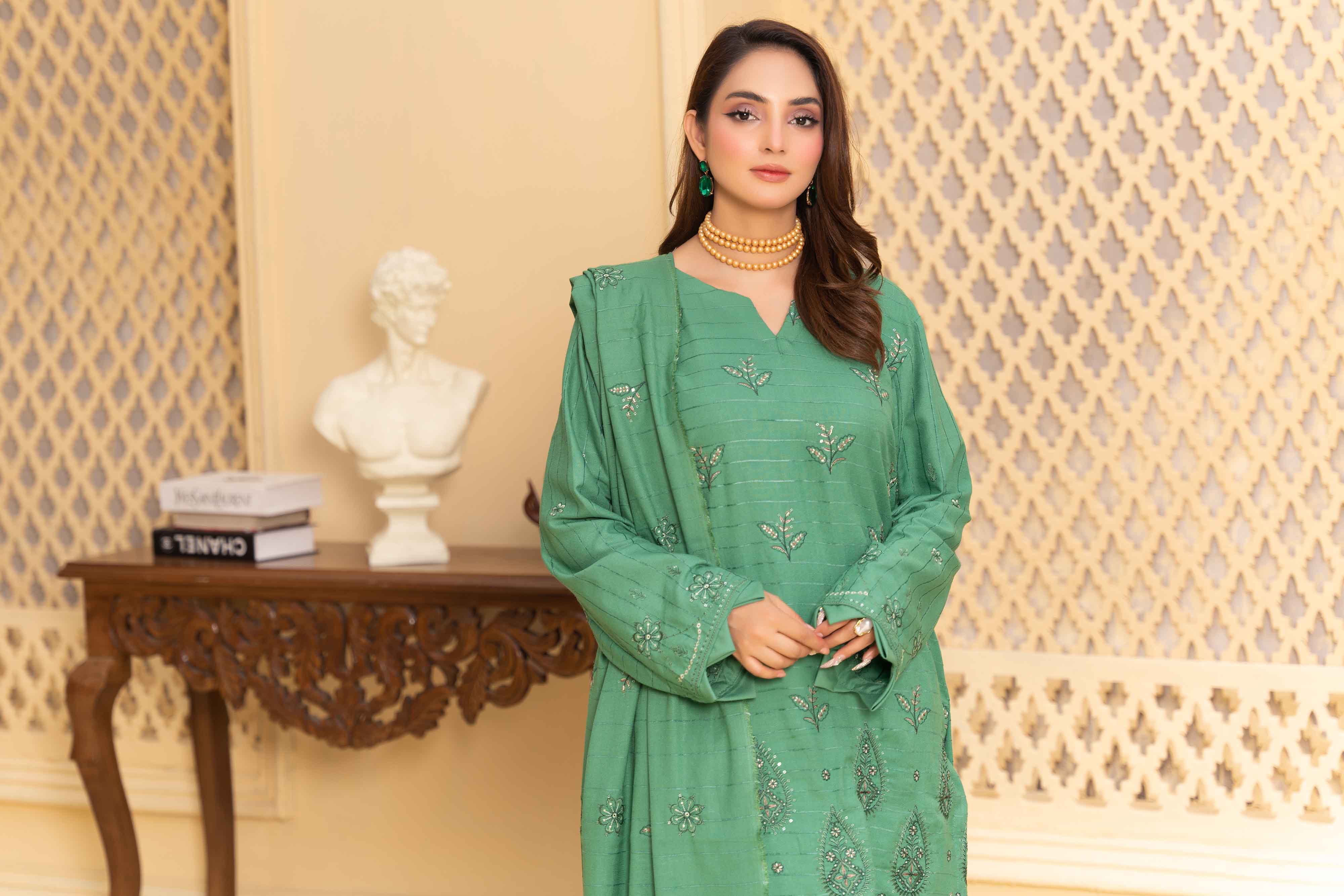 Pistachio 3 Pcs Dhanak Embroidered Applique suit