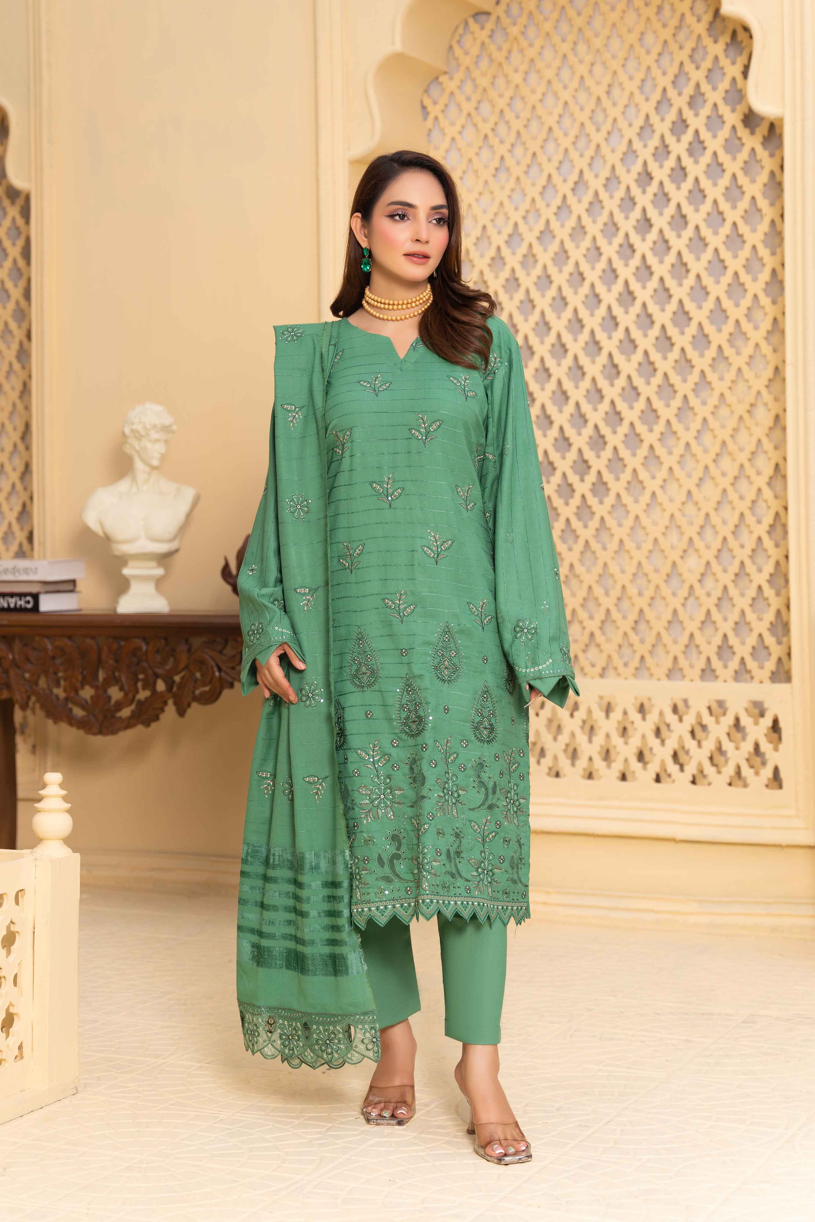 Pistachio 3 Pcs Dhanak Embroidered Applique suit