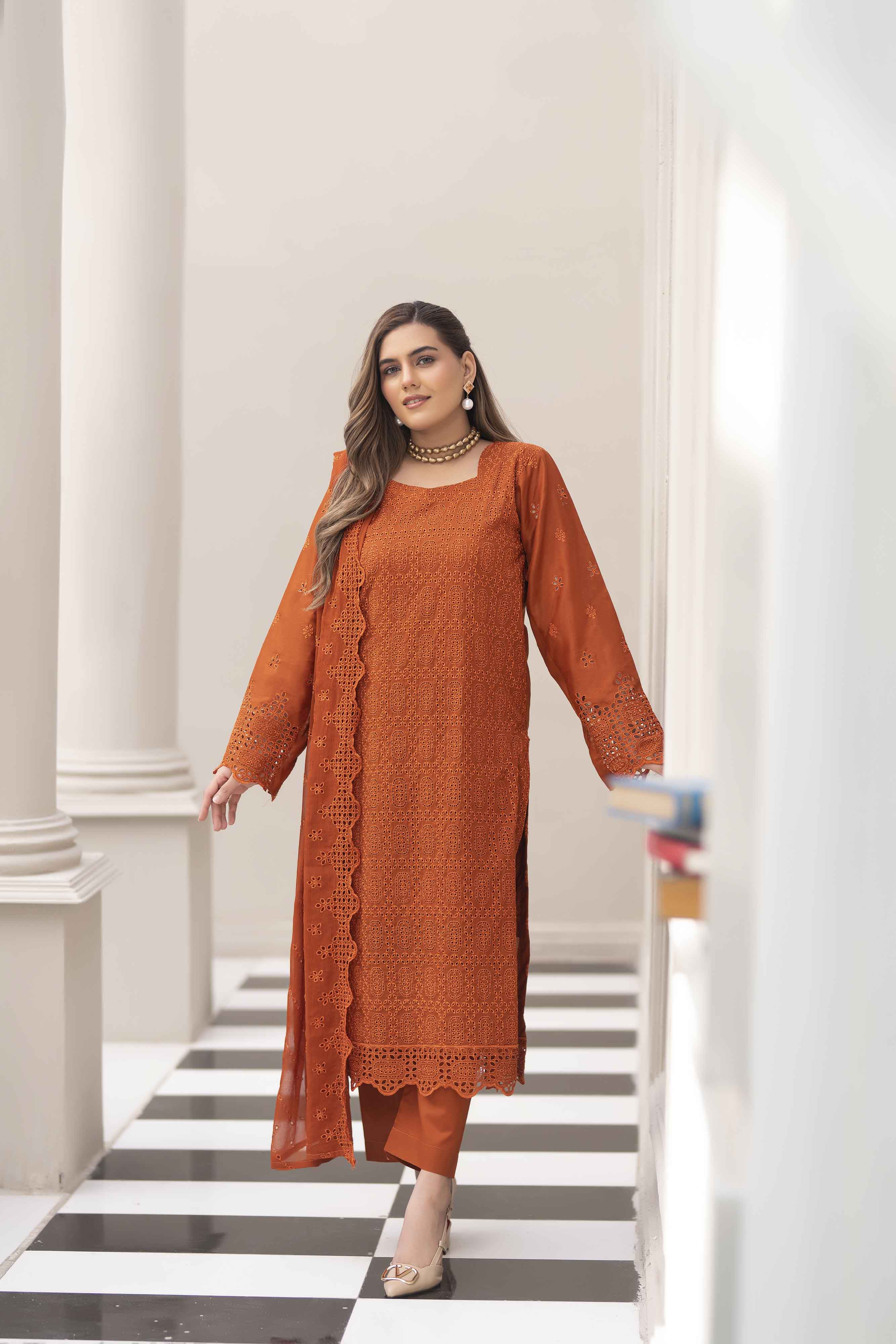 Royal Rust 3 Pcs Schiffli Embroidered Luxury Lawn Set