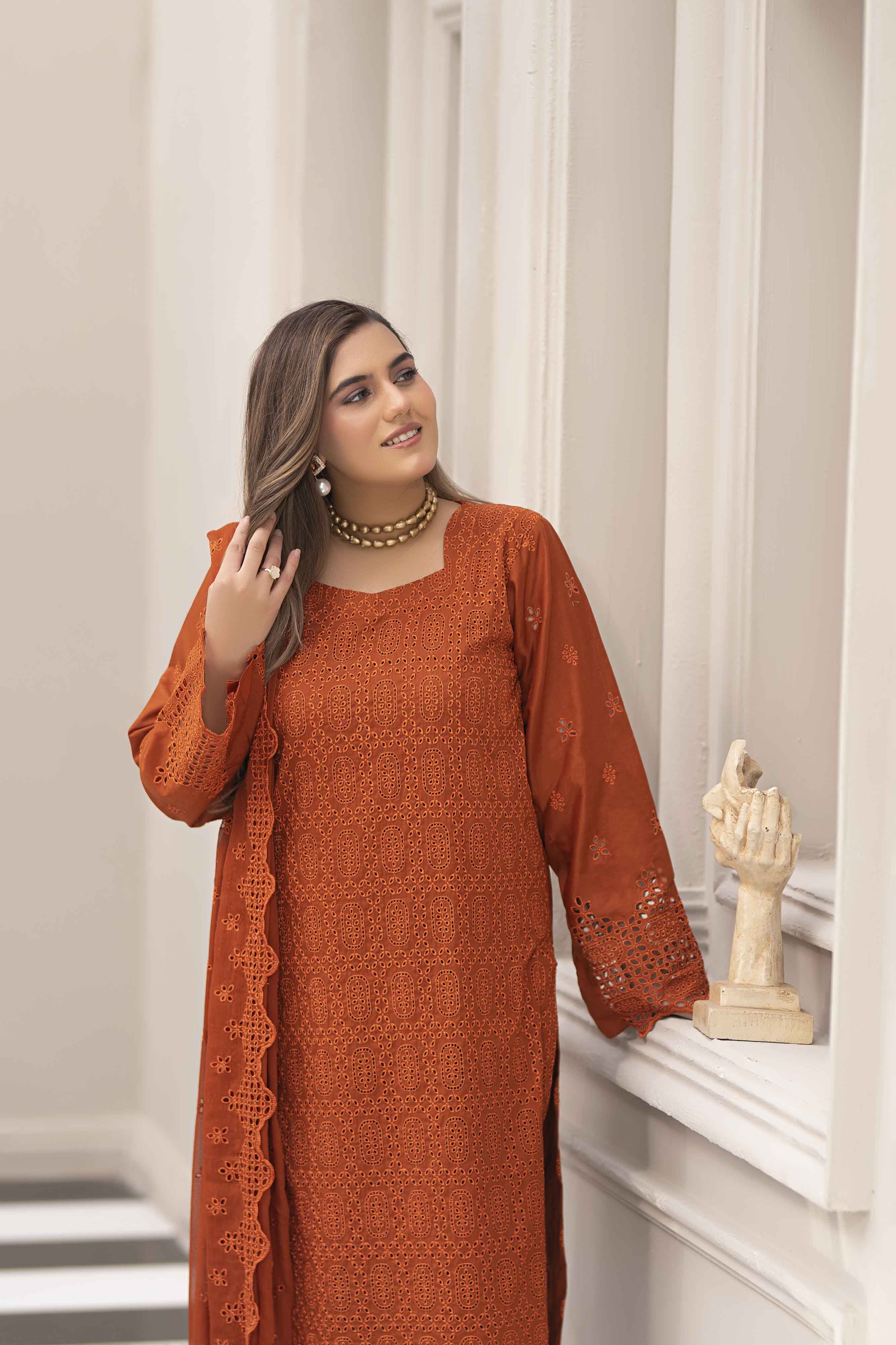 Royal Rust 3 Pcs Schiffli Embroidered Luxury Lawn Set