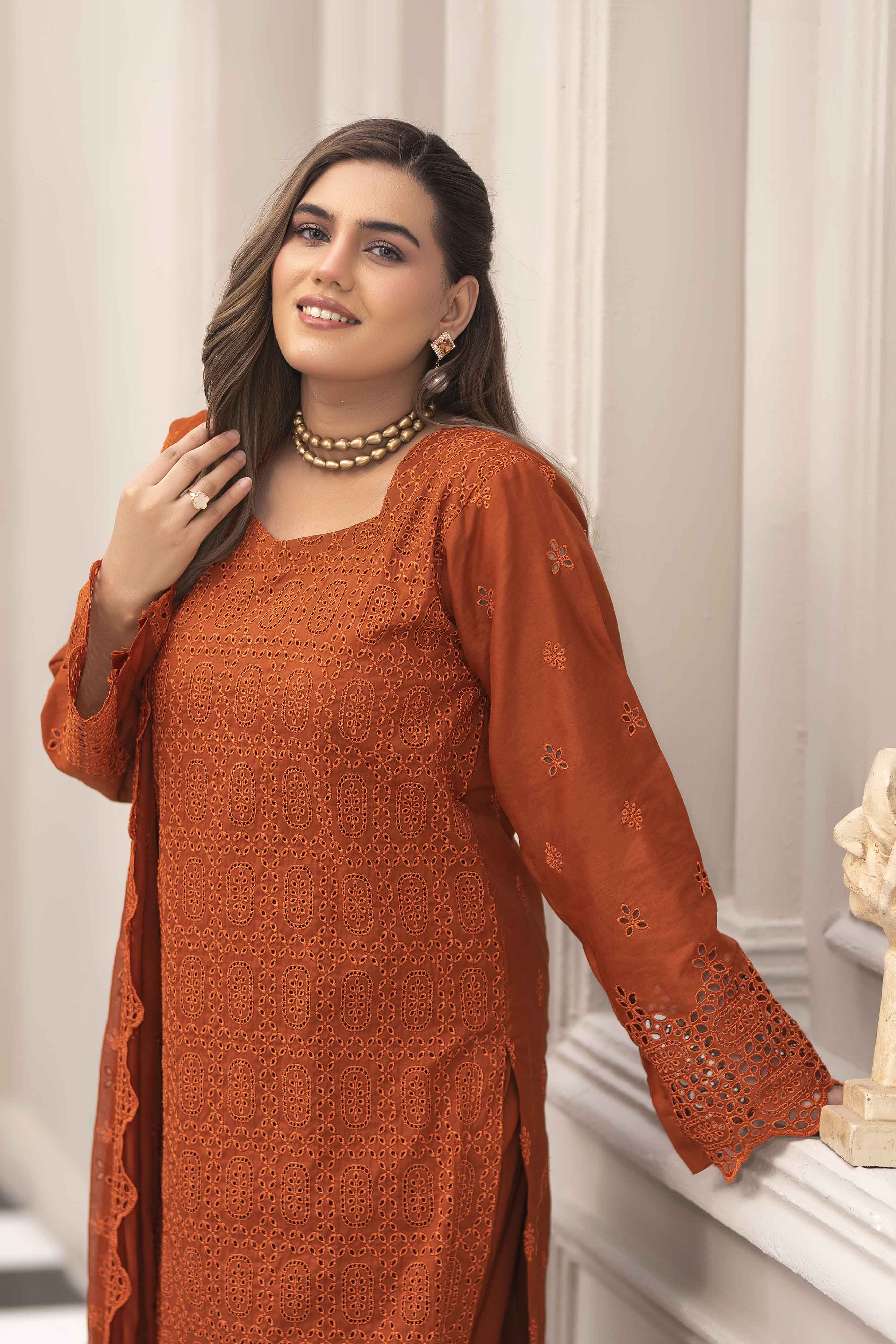 Royal Rust 3 Pcs Schiffli Embroidered Luxury Lawn Set