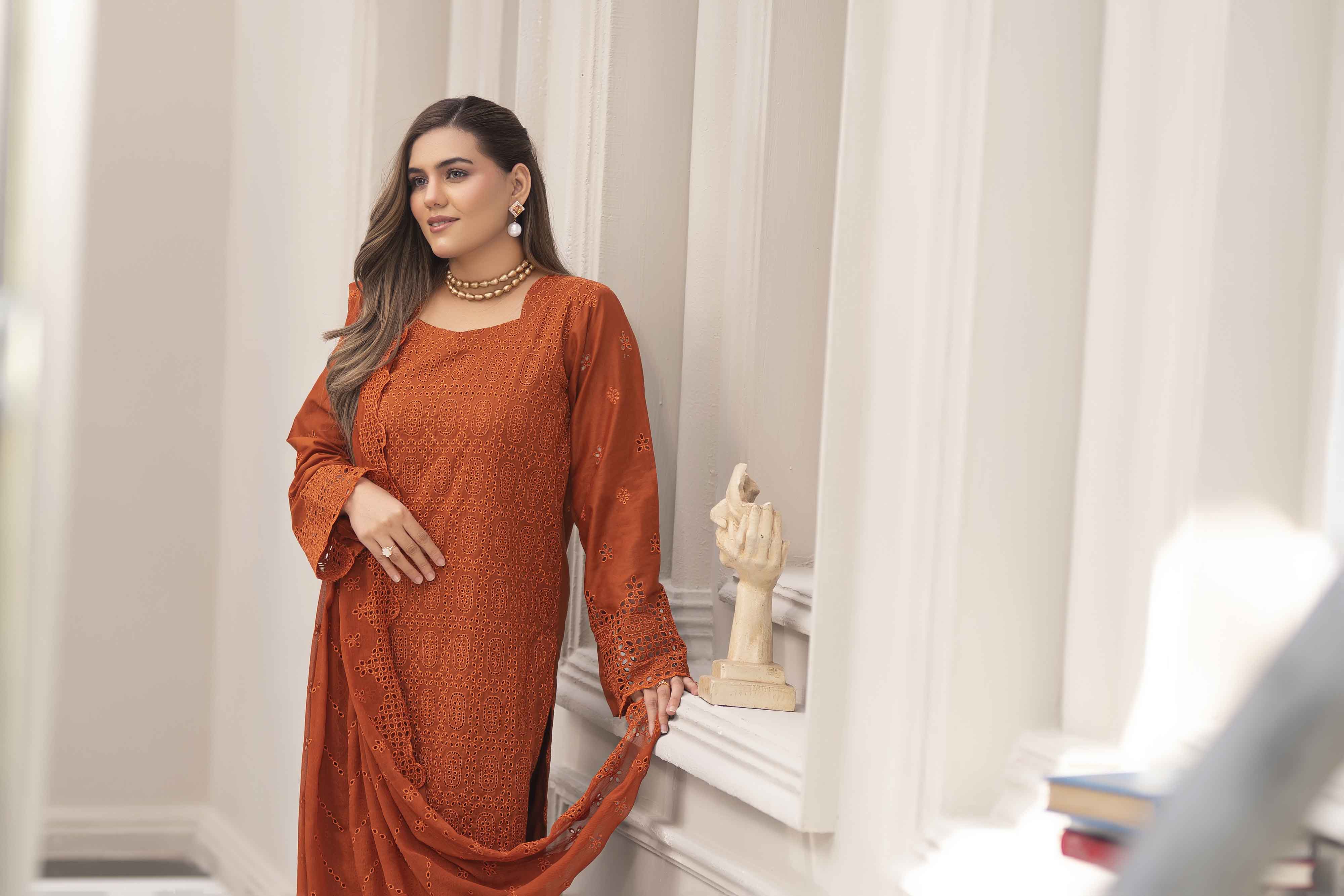 Royal Rust 3 Pcs Schiffli Embroidered Luxury Lawn Set