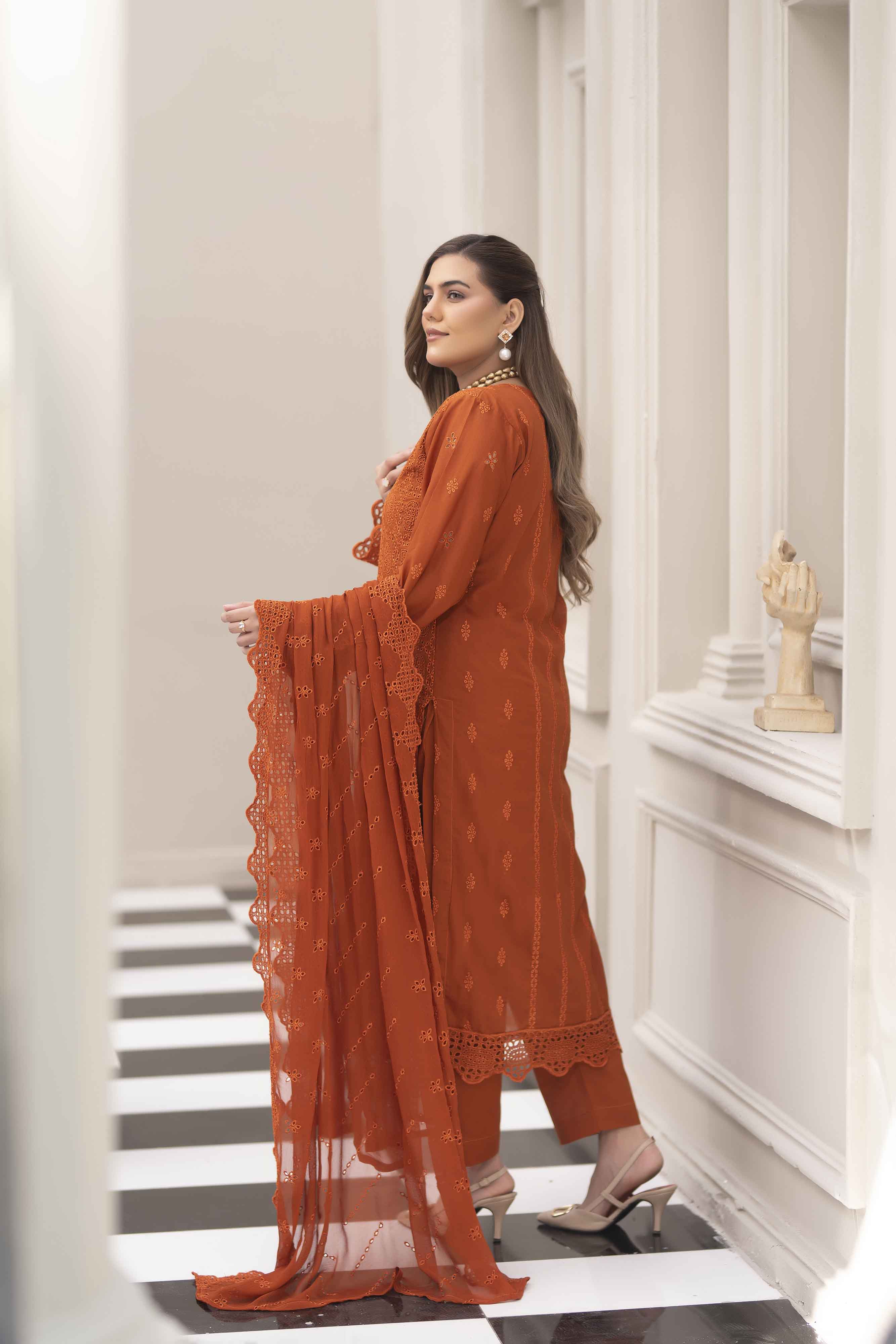 Royal Rust 3 Pcs Schiffli Embroidered Luxury Lawn Set