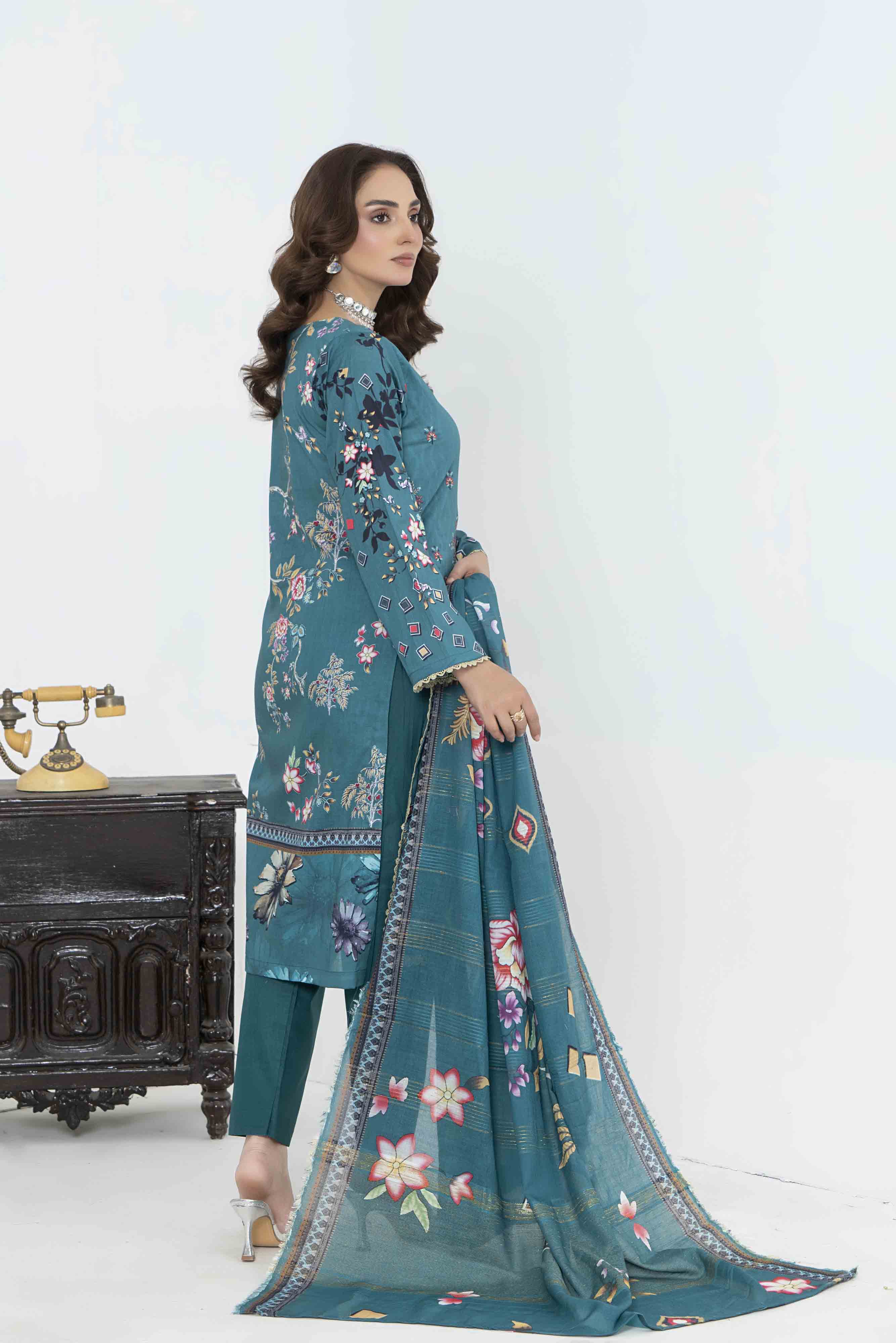 Luxury Teal Printed Embroidered 3 Pcs Lawn Set