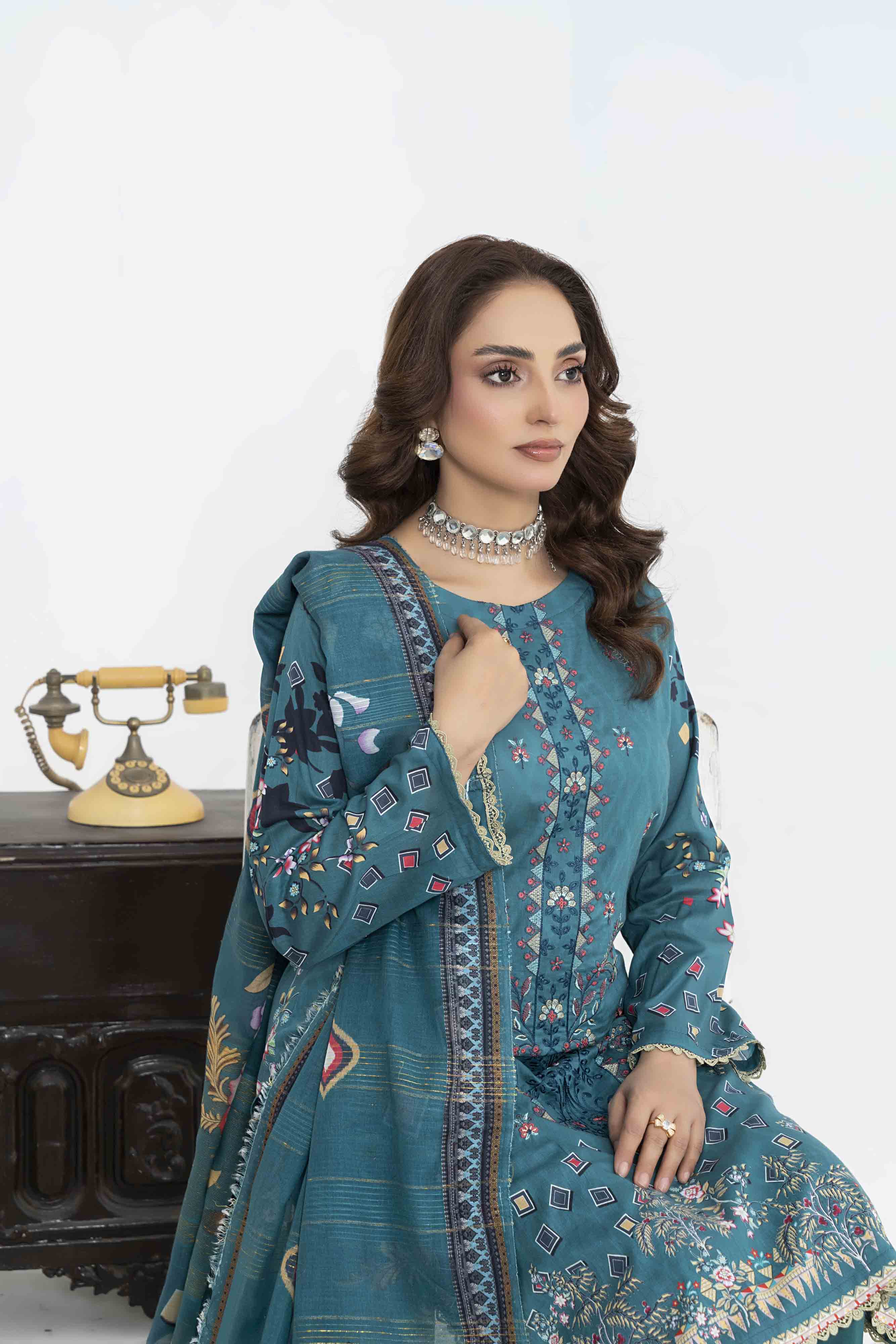 Luxury Teal Printed Embroidered 3 Pcs Lawn Set