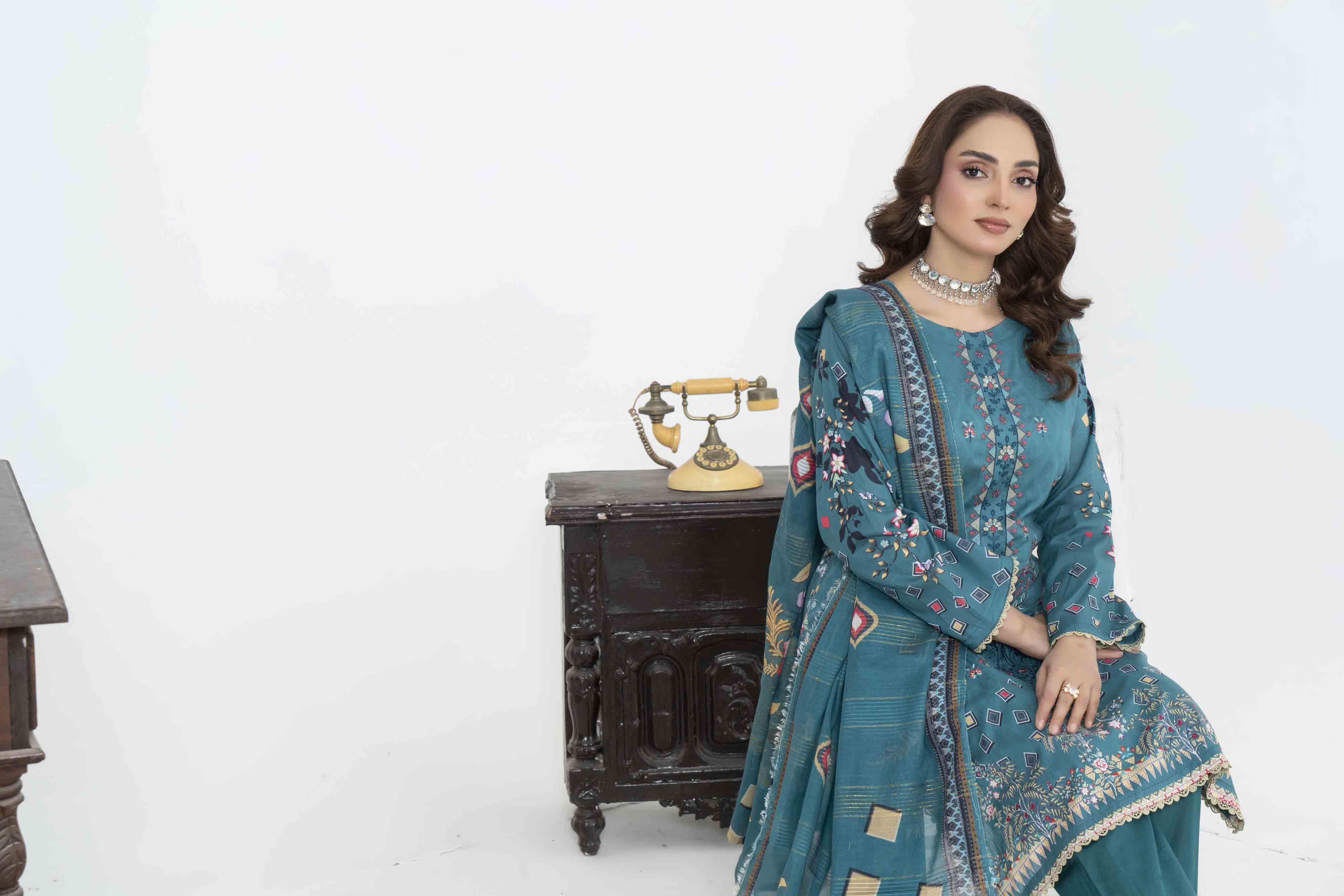 Luxury Teal Printed Embroidered 3 Pcs Lawn Set