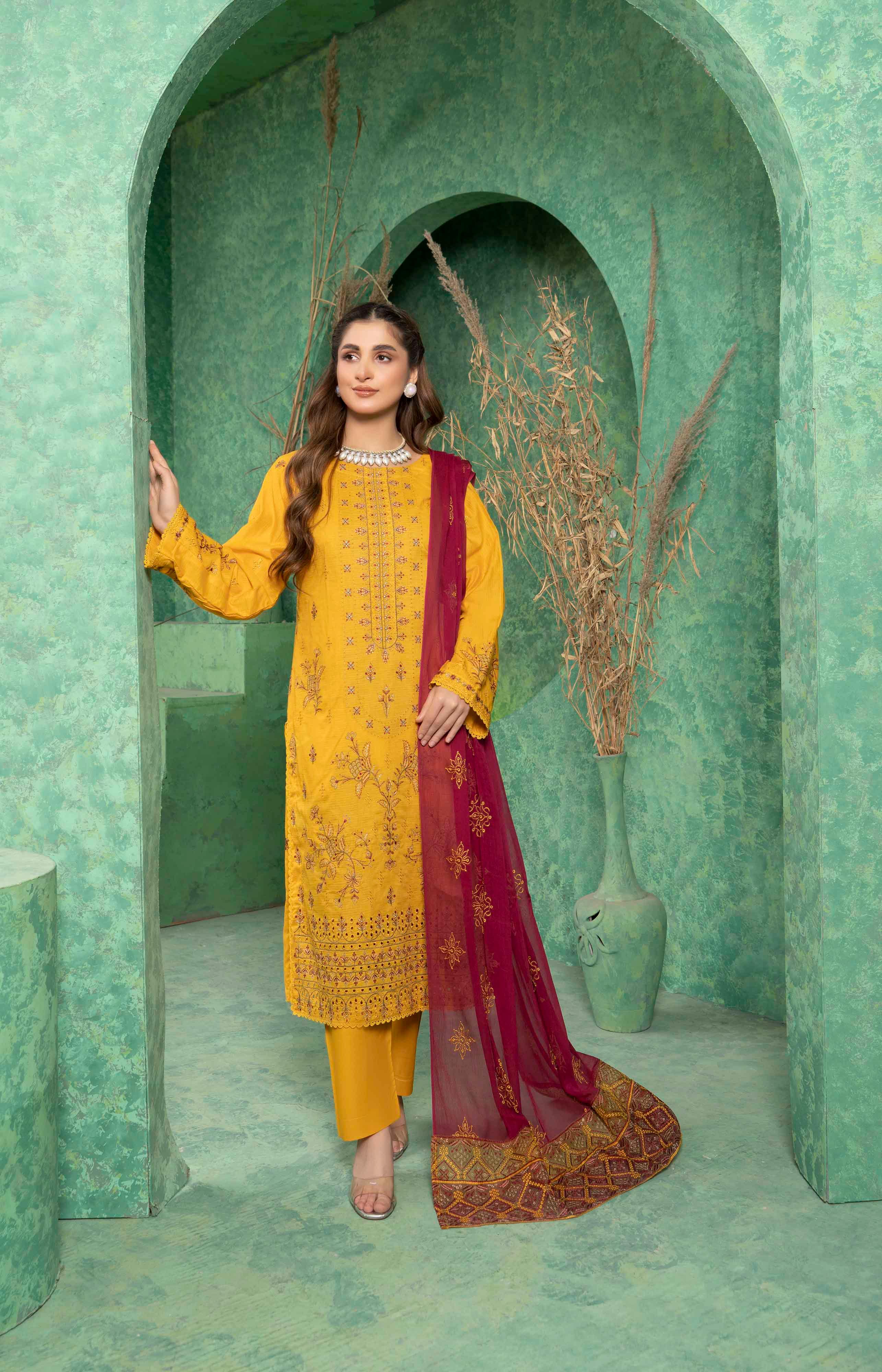 Luxury Yellow Embroidered Doria Lawn Set