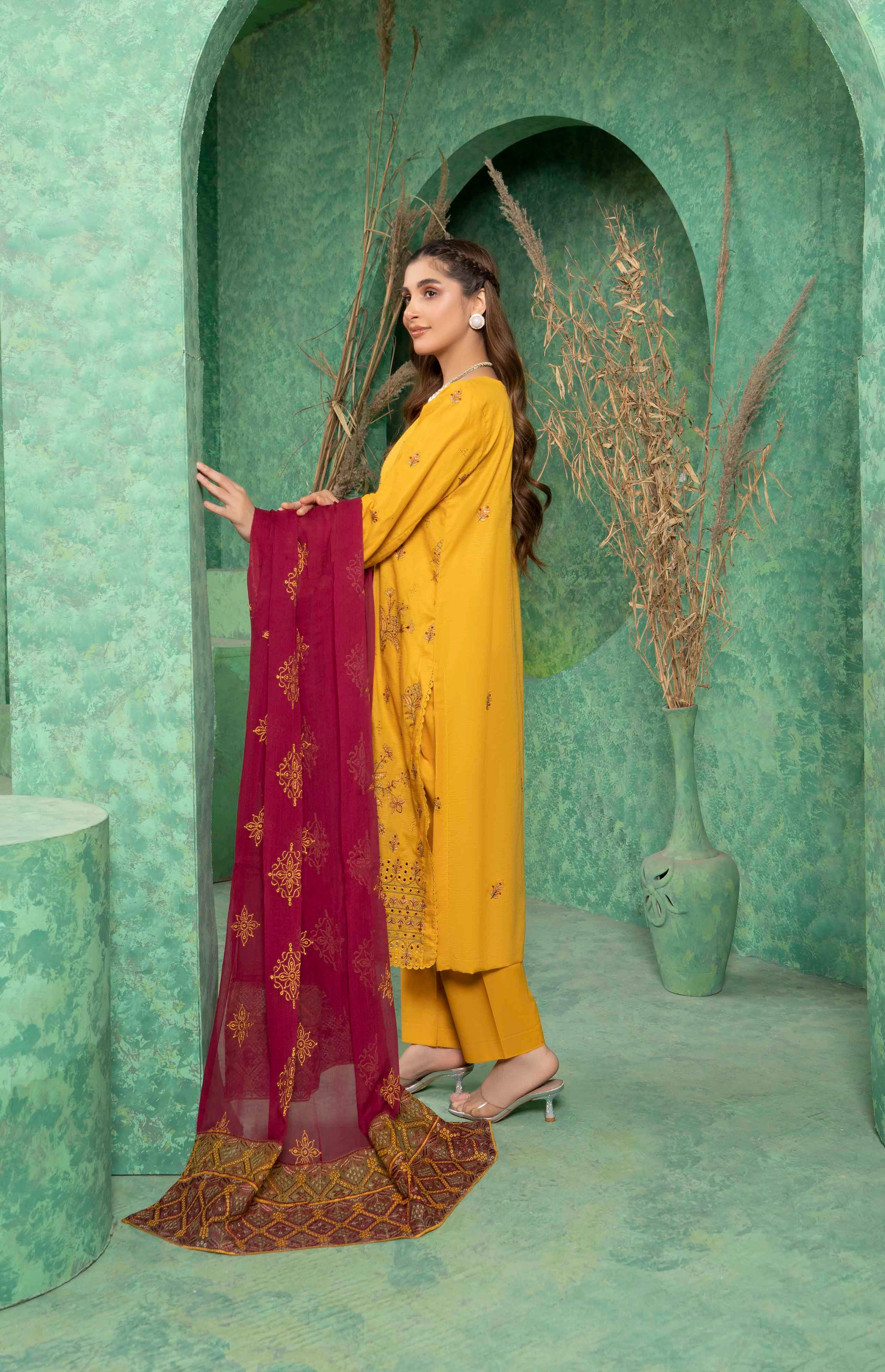 Luxury Yellow Embroidered Doria Lawn Set