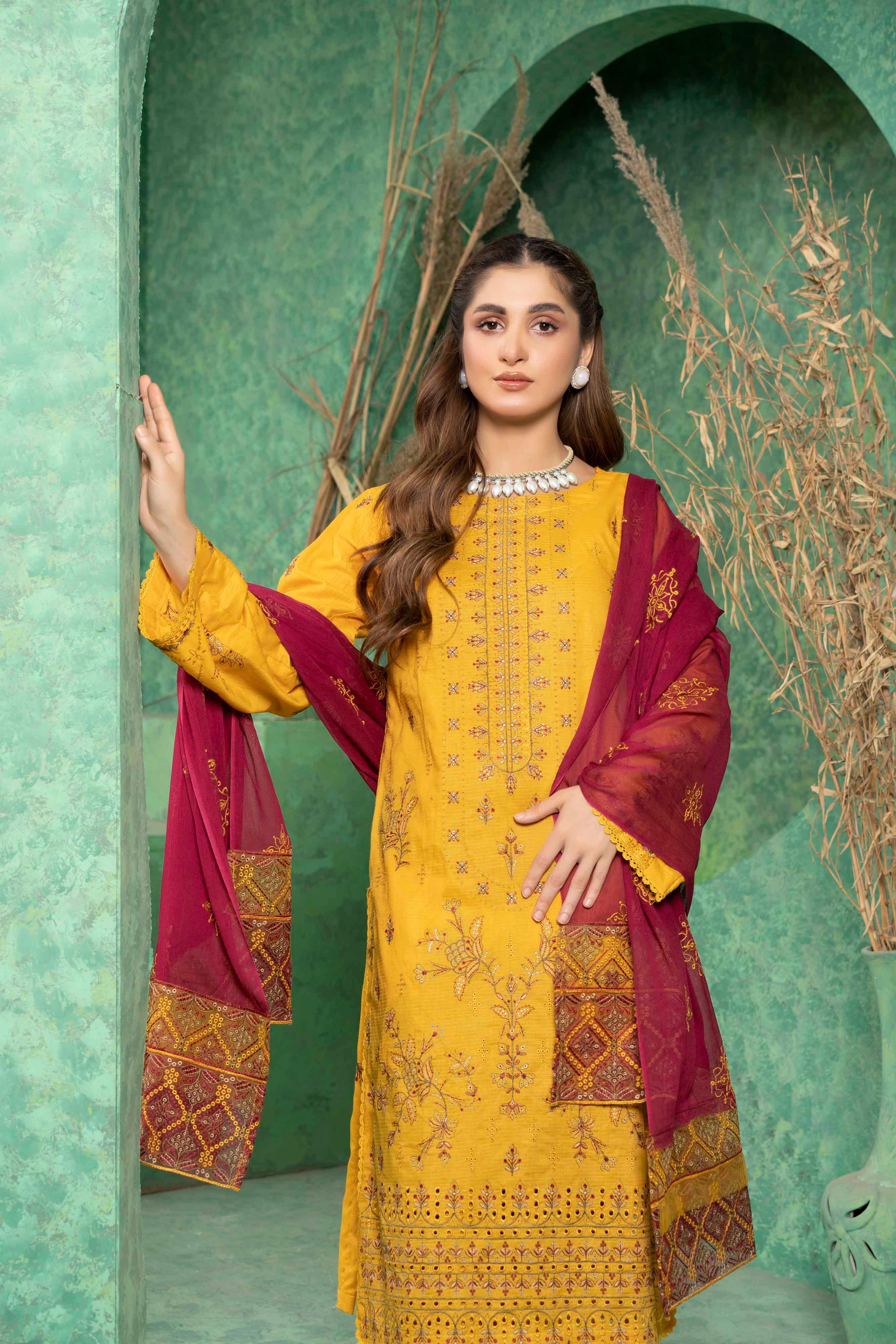 Luxury Yellow Embroidered Doria Lawn Set
