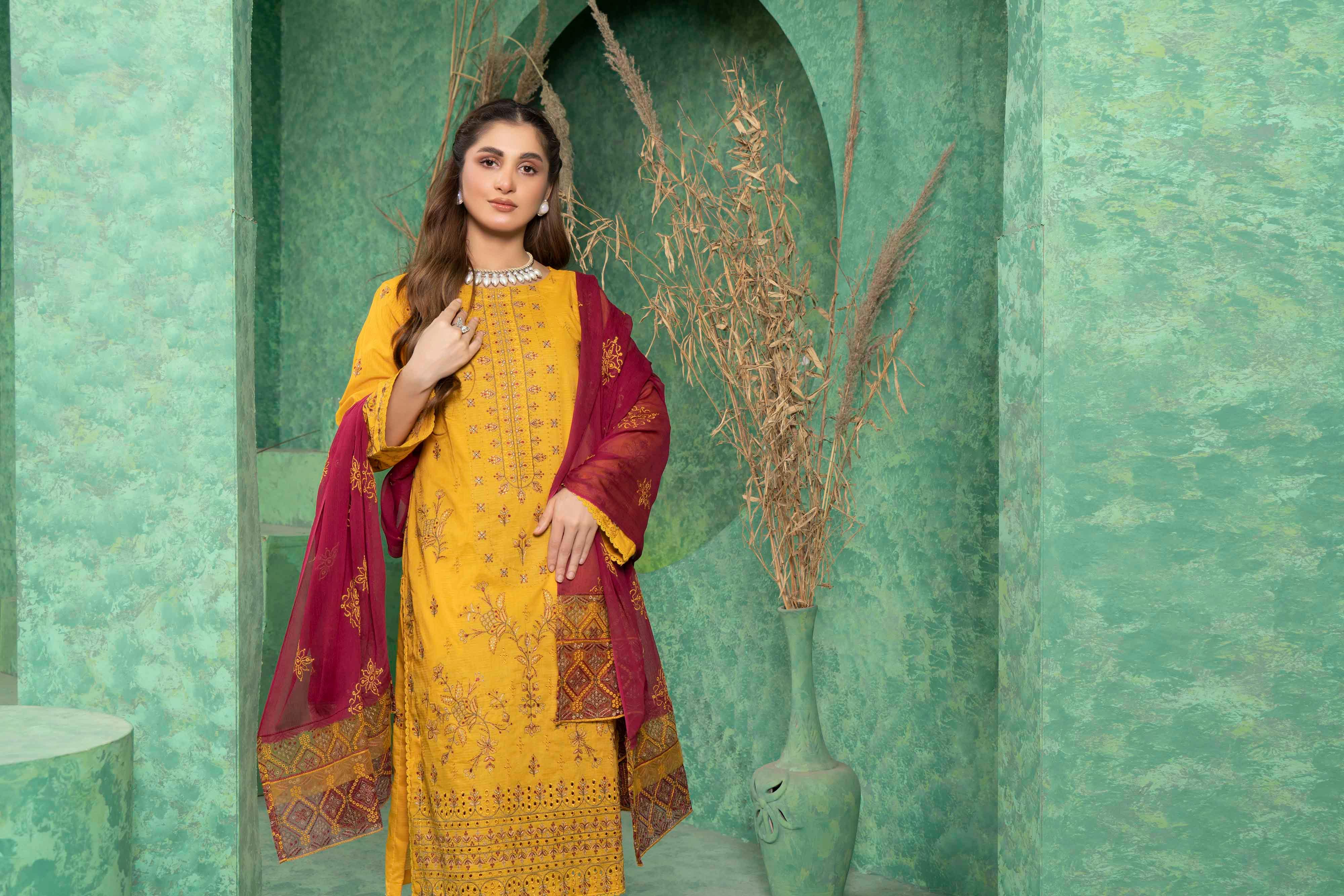 Luxury Yellow Embroidered Doria Lawn Set