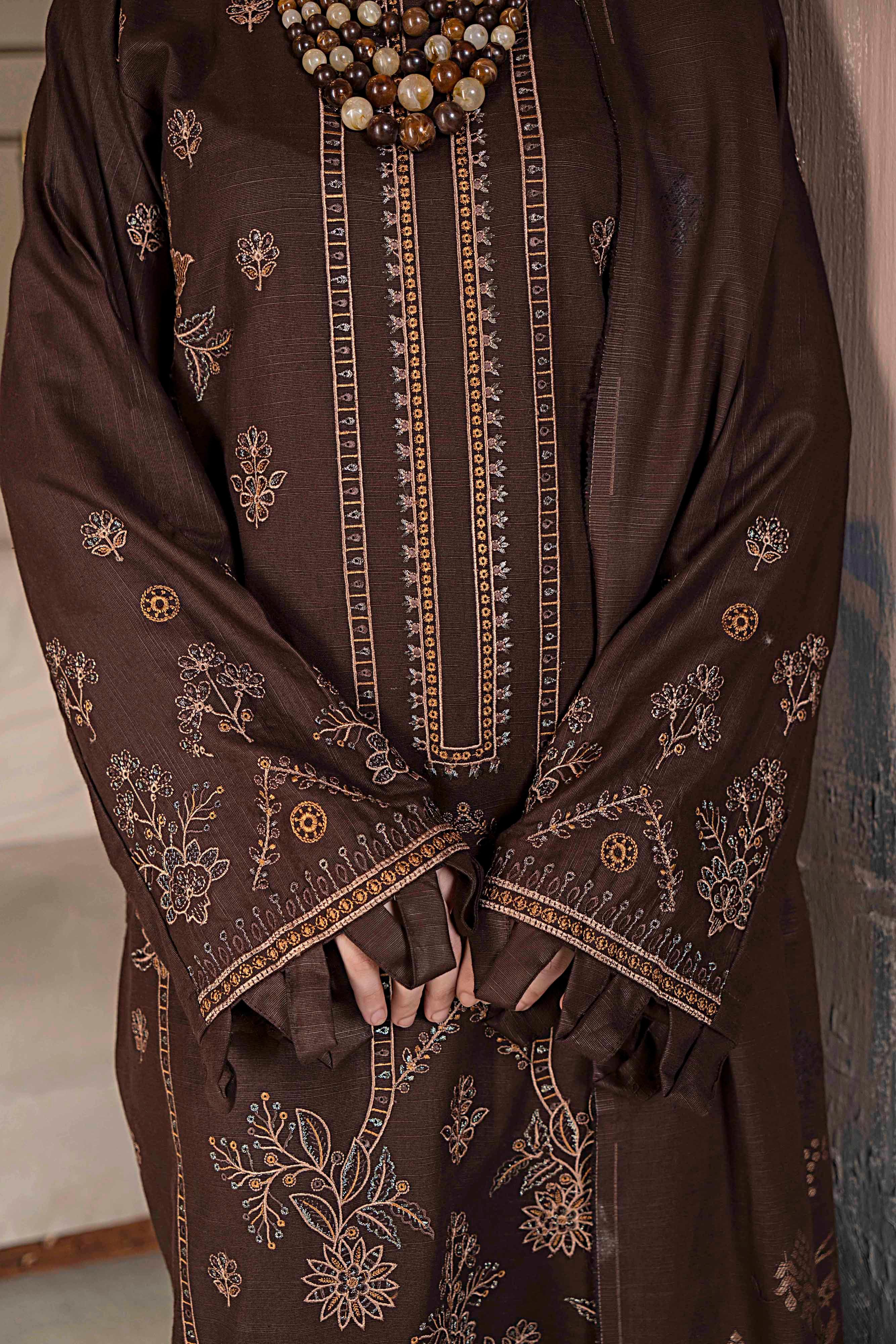 Deep Brown 3 Pc Embroidered Slub Khaddar Suit