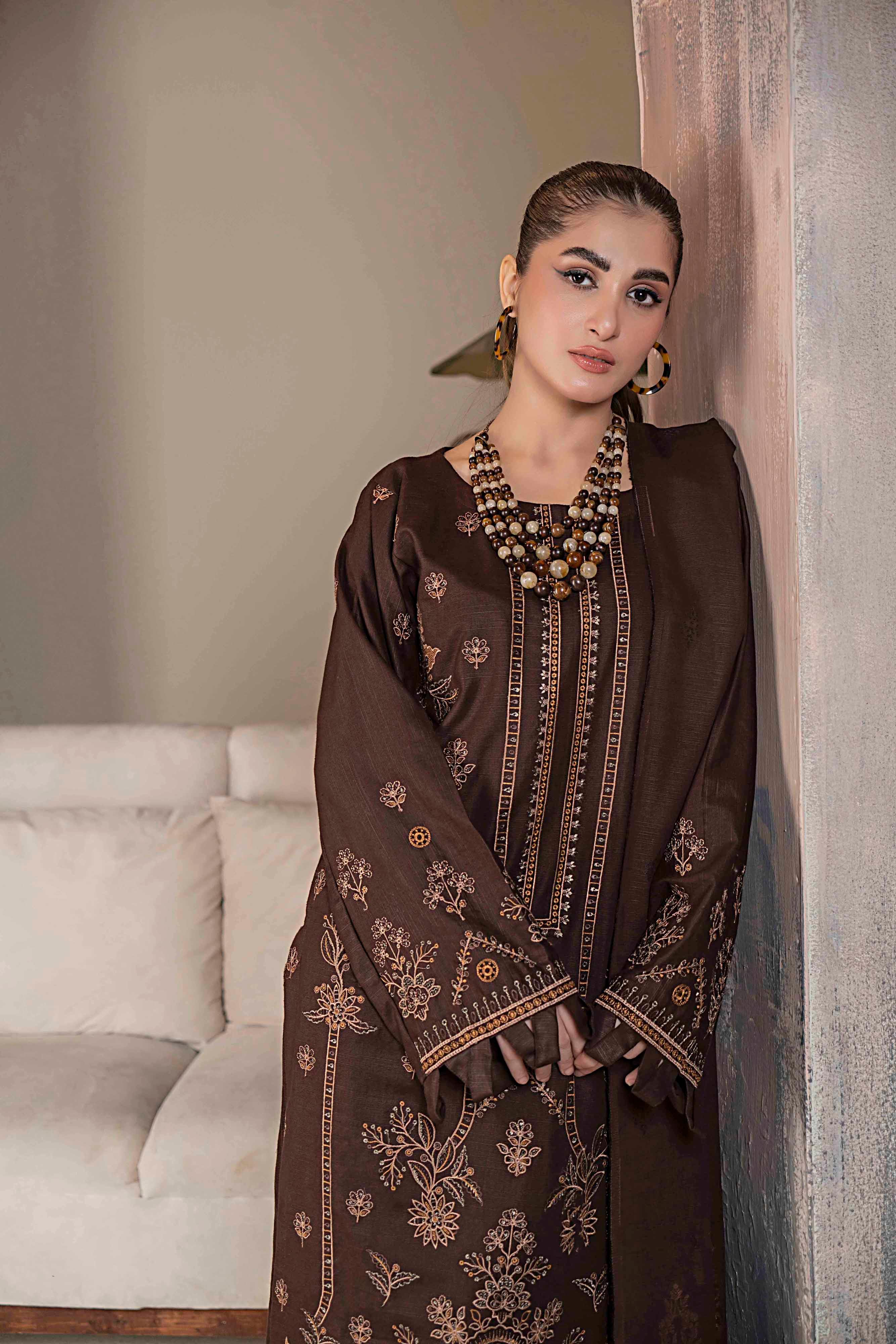 Deep Brown 3 Pc Embroidered Slub Khaddar Suit