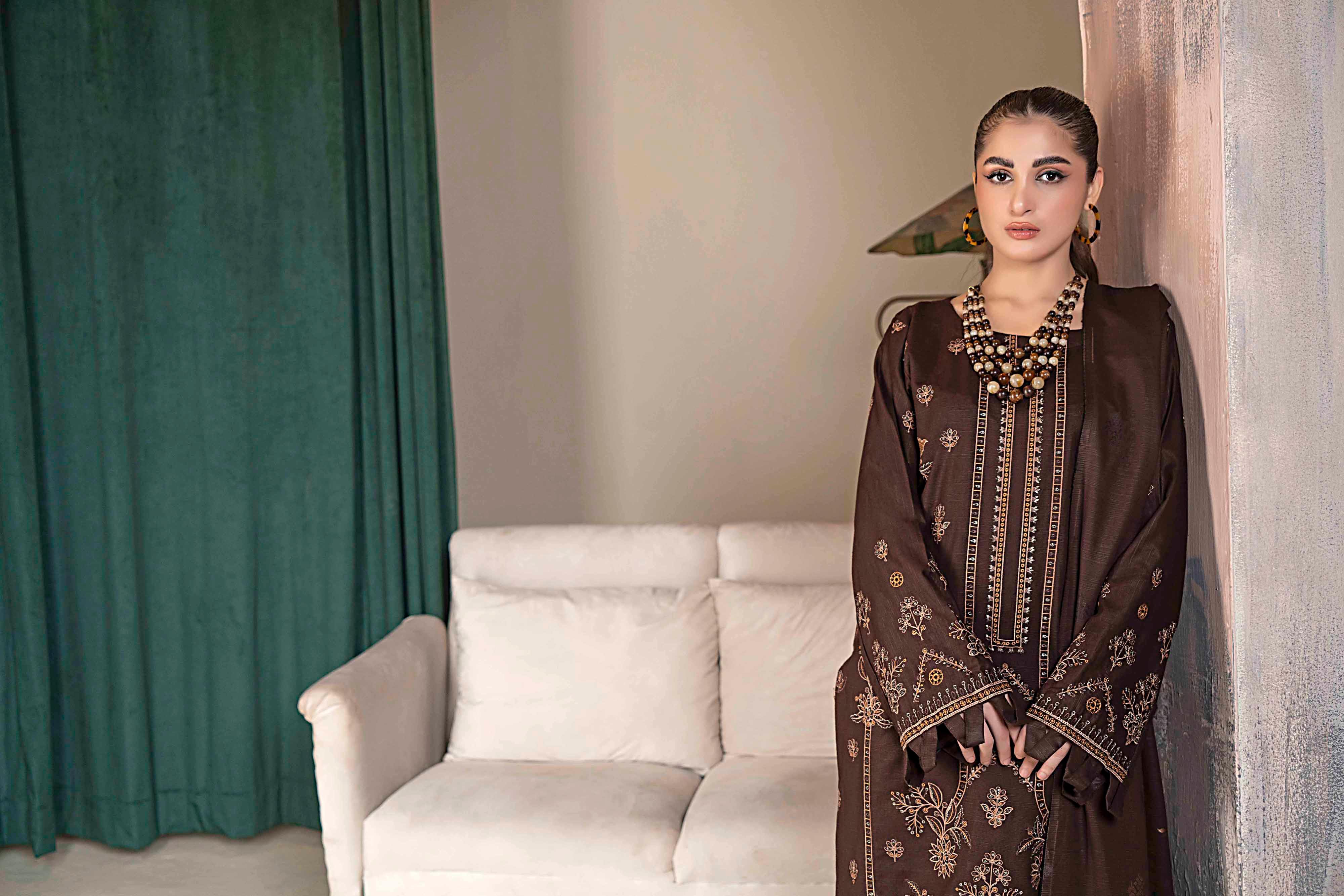 Deep Brown 3 Pc Embroidered Slub Khaddar Suit
