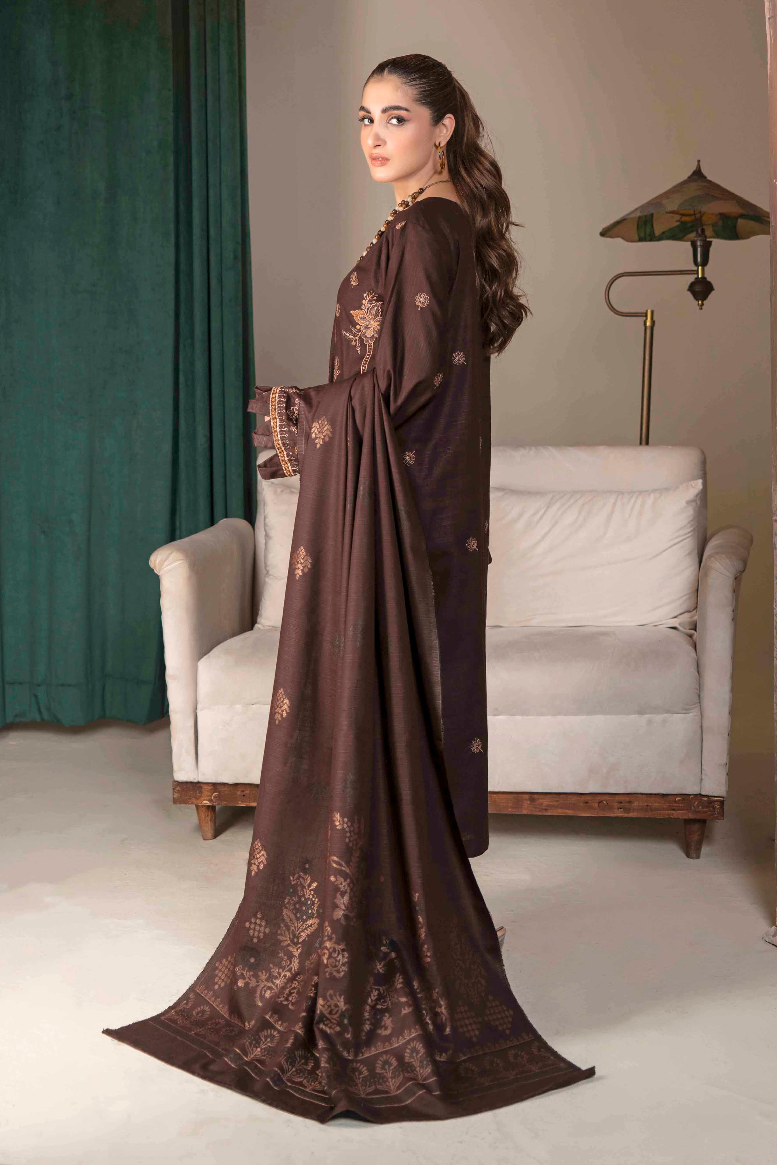 Deep Brown 3 Pc Embroidered Slub Khaddar Suit