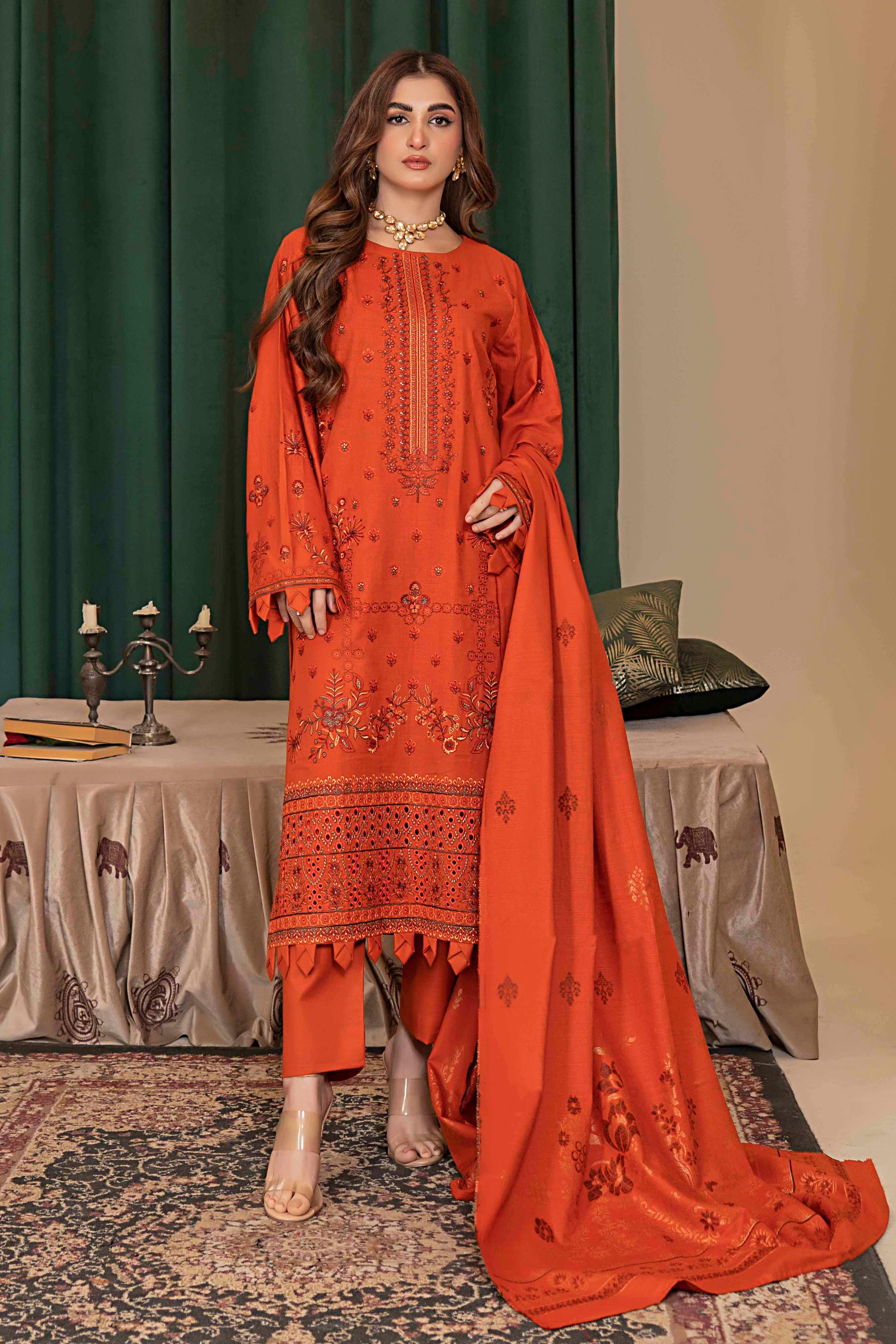 Deep Orange-3 Pc Embroidered Slub Khaddar Suit