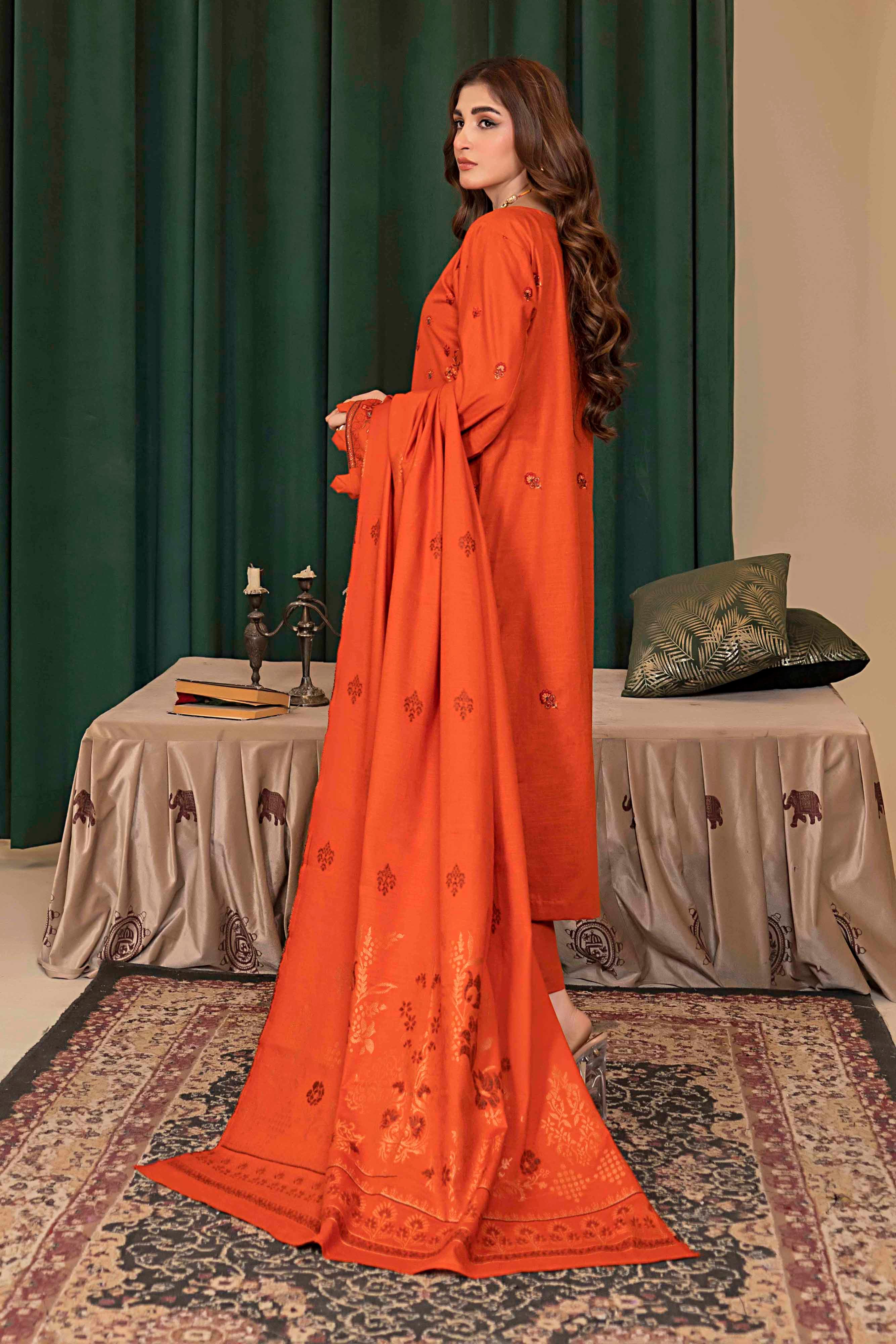 Deep Orange-3 Pc Embroidered Slub Khaddar Suit