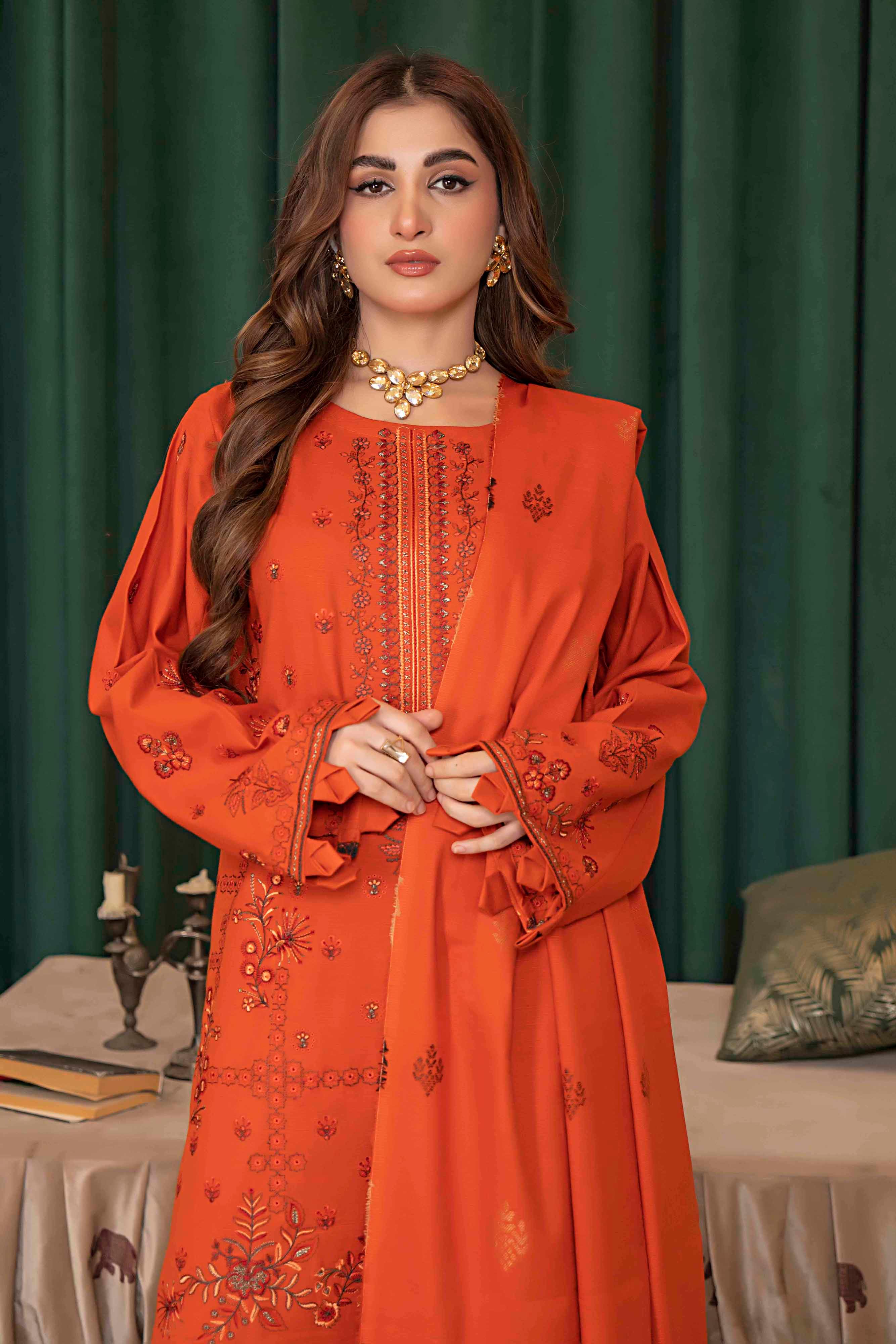 Deep Orange-3 Pc Embroidered Slub Khaddar Suit