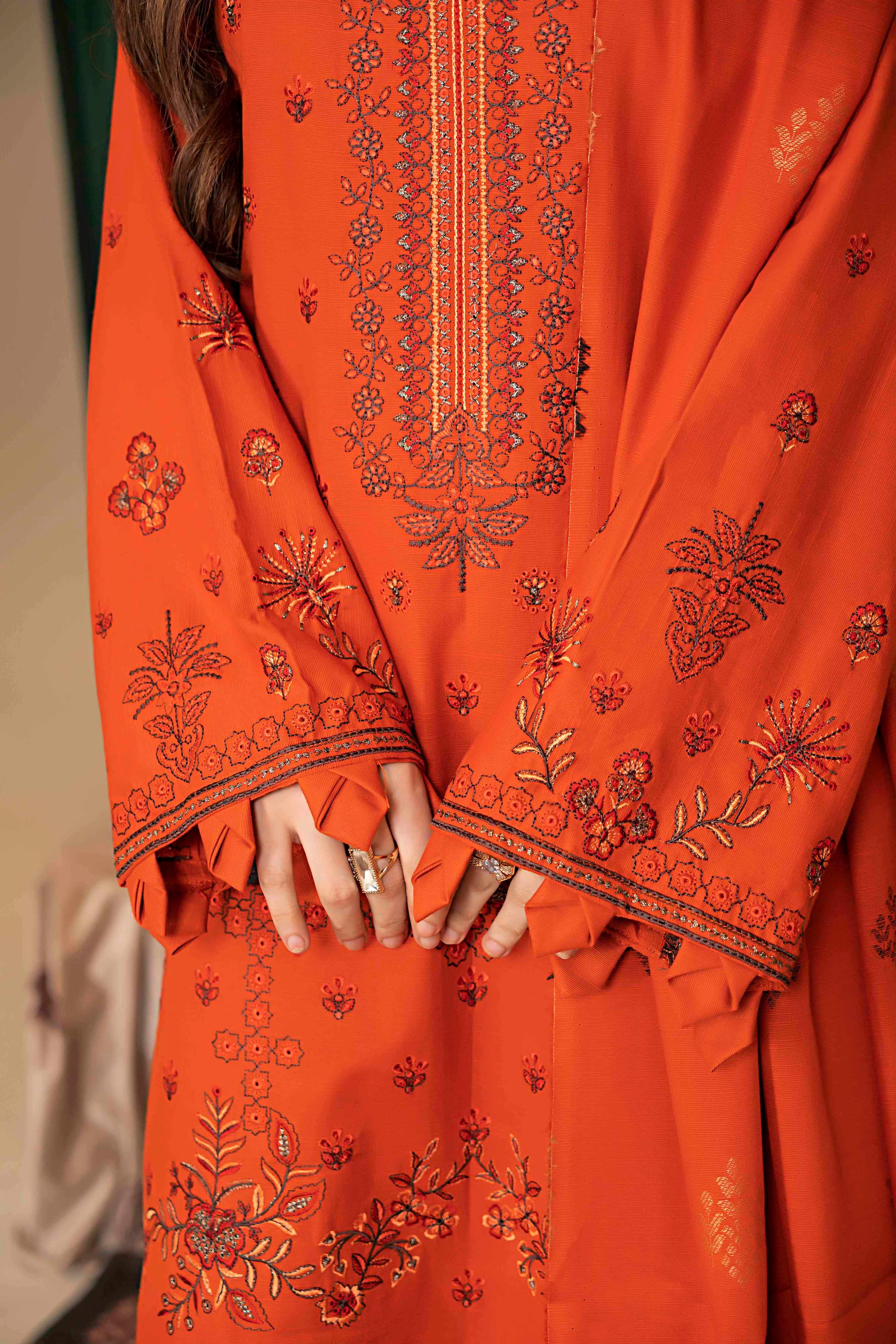 Deep Orange-3 Pc Embroidered Slub Khaddar Suit
