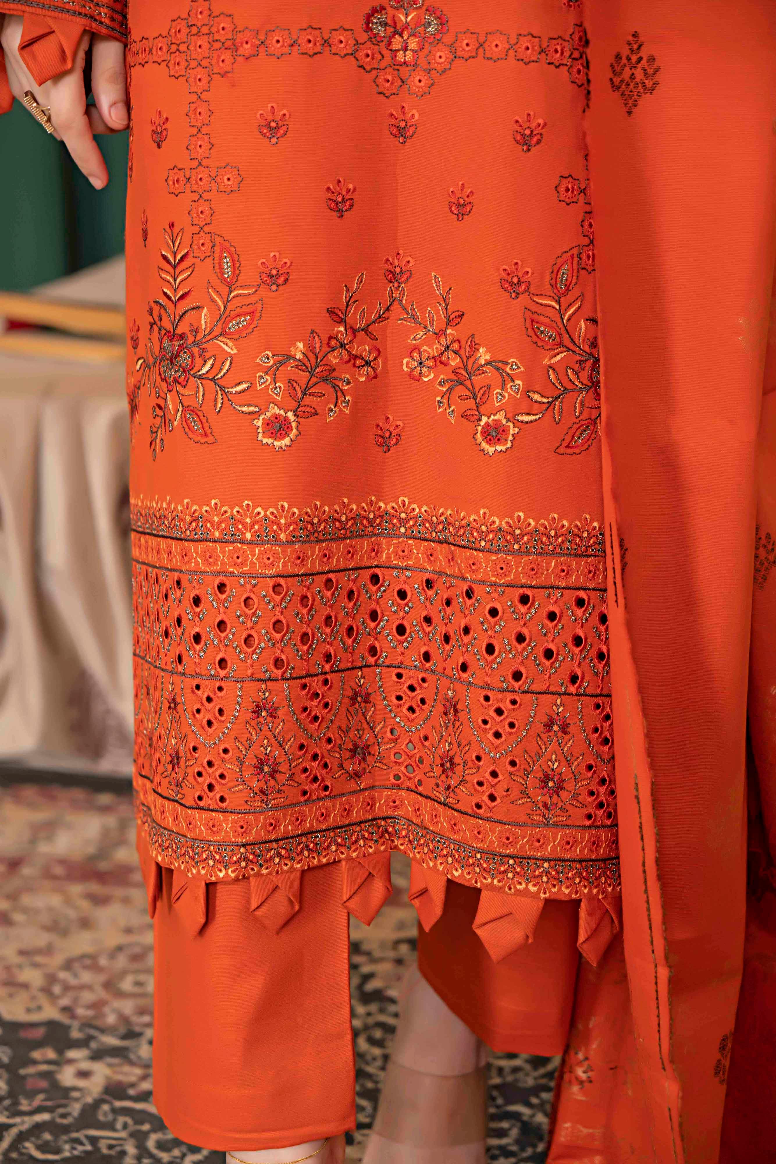 Deep Orange-3 Pc Embroidered Slub Khaddar Suit