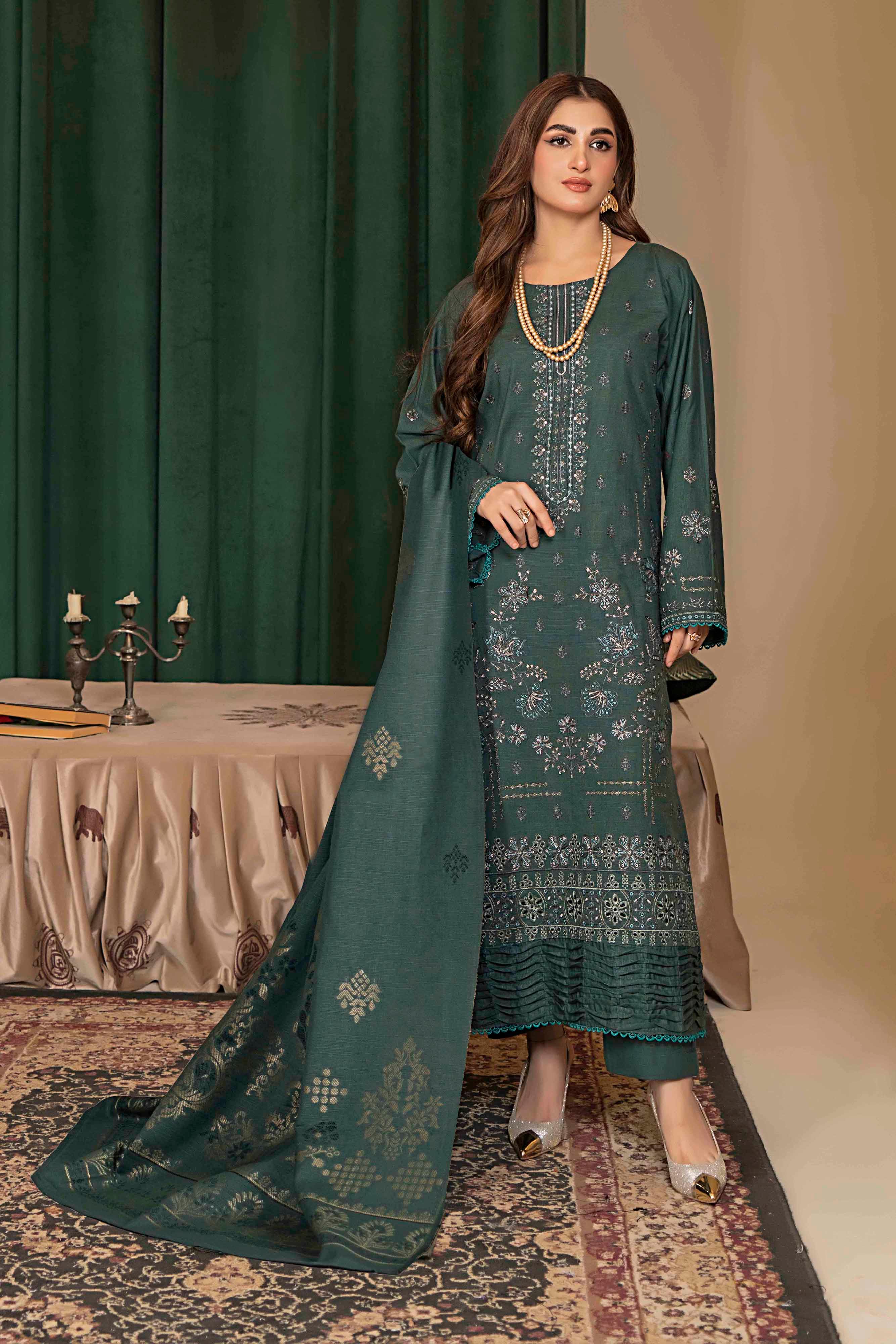 Deep Green- 3 Pc Embroidered Slub Khaddar Suit