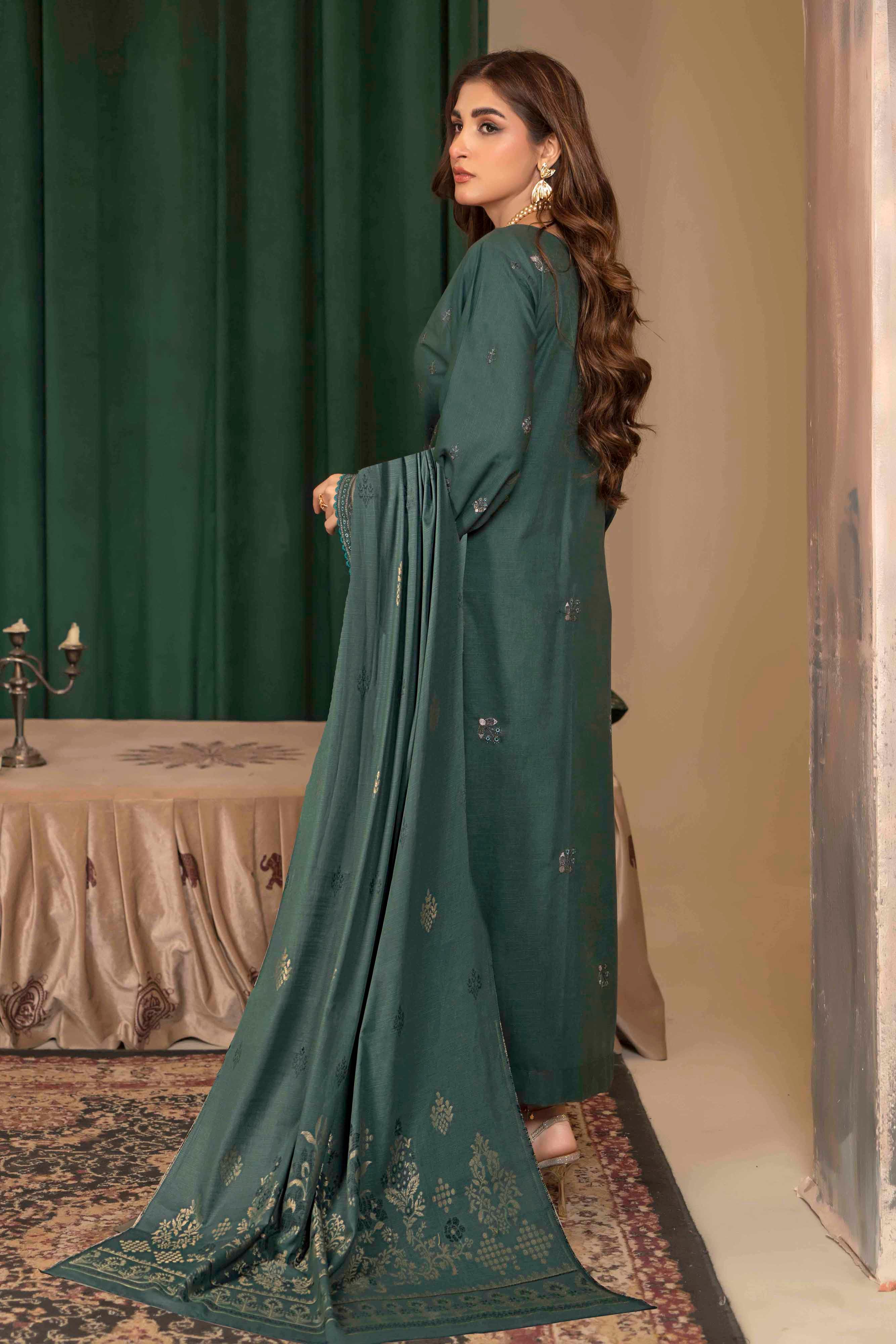 Deep Green- 3 Pc Embroidered Slub Khaddar Suit