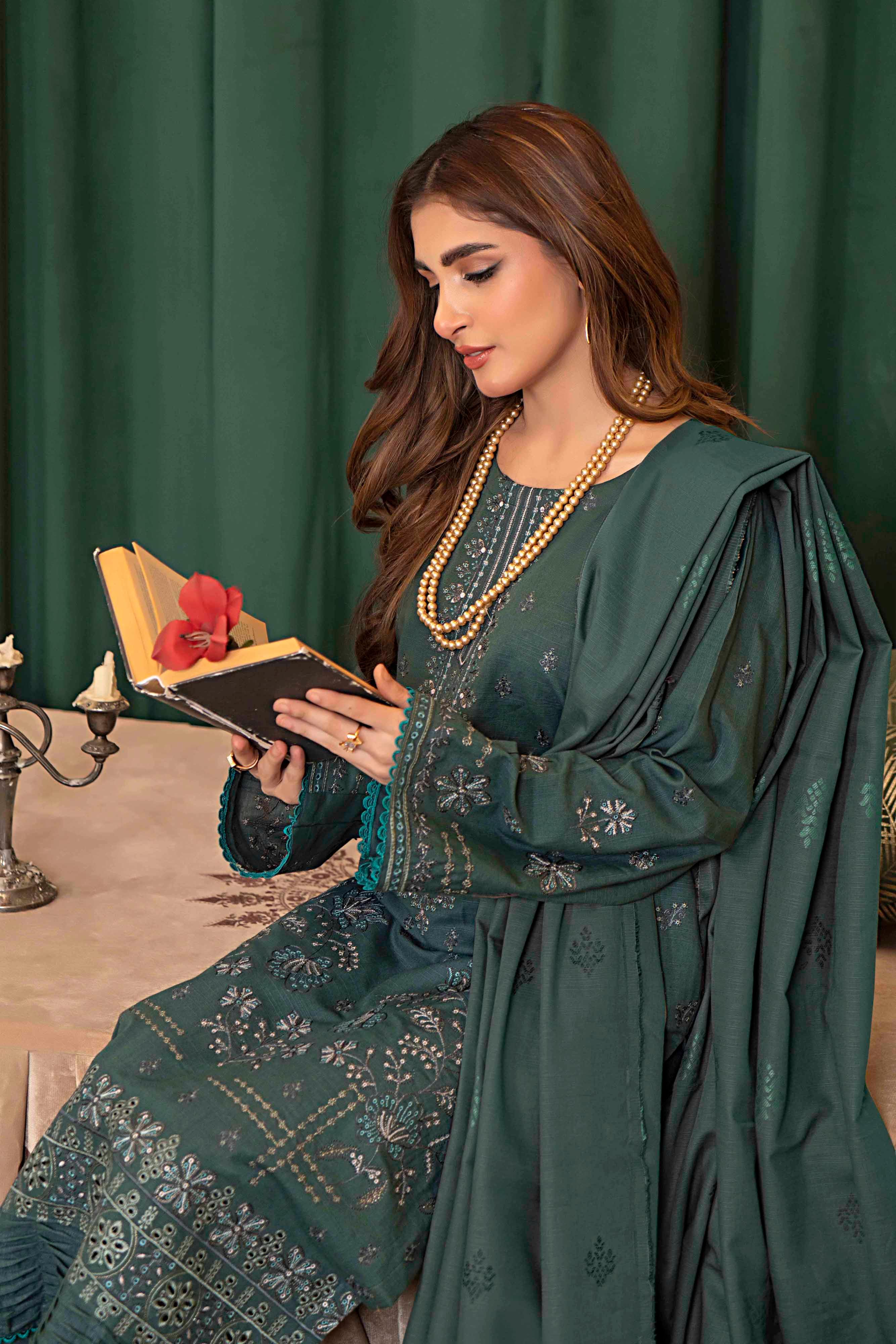 Deep Green- 3 Pc Embroidered Slub Khaddar Suit