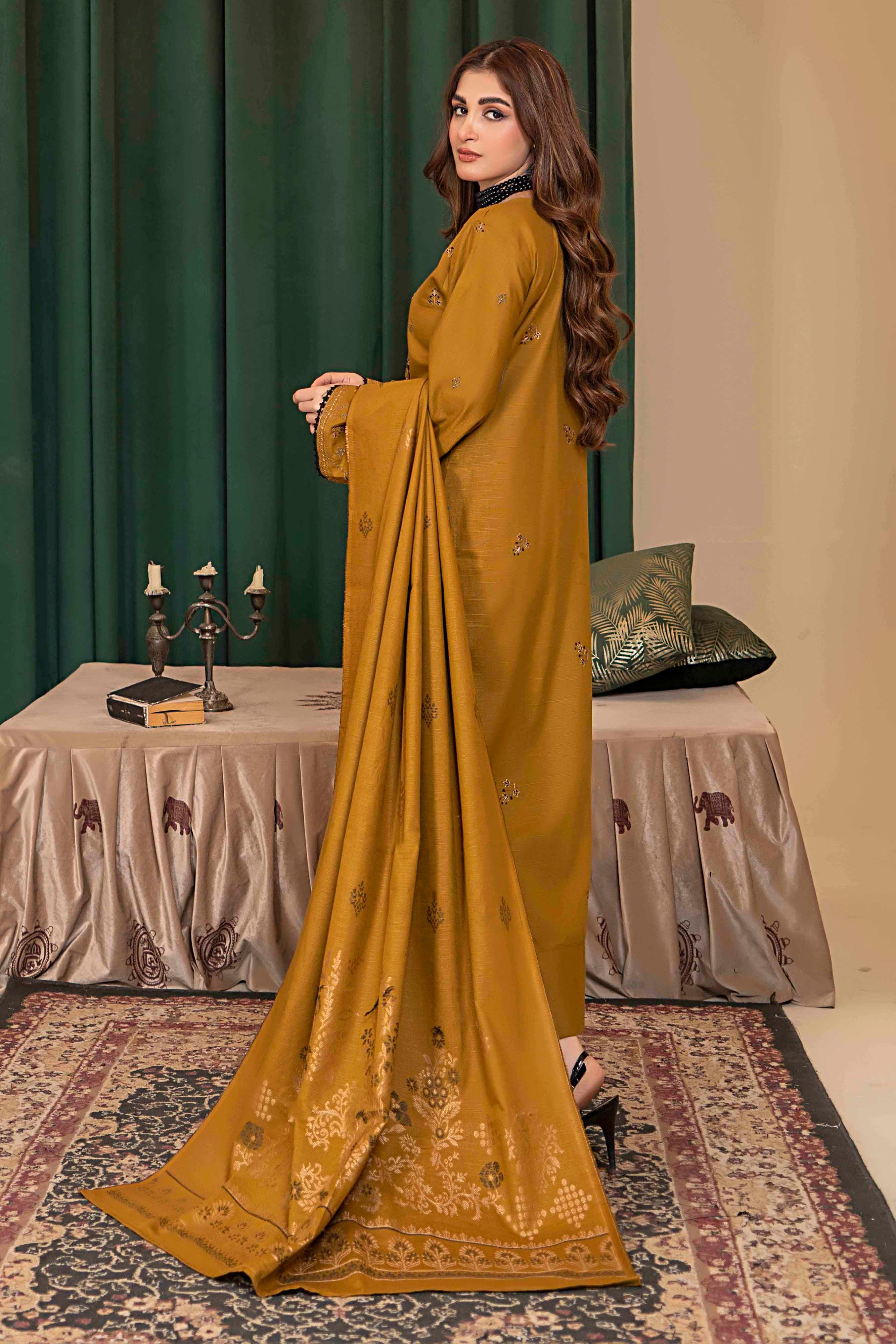 Luxury Brown- 3 Pc Embroidered Slub Khaddar Suit