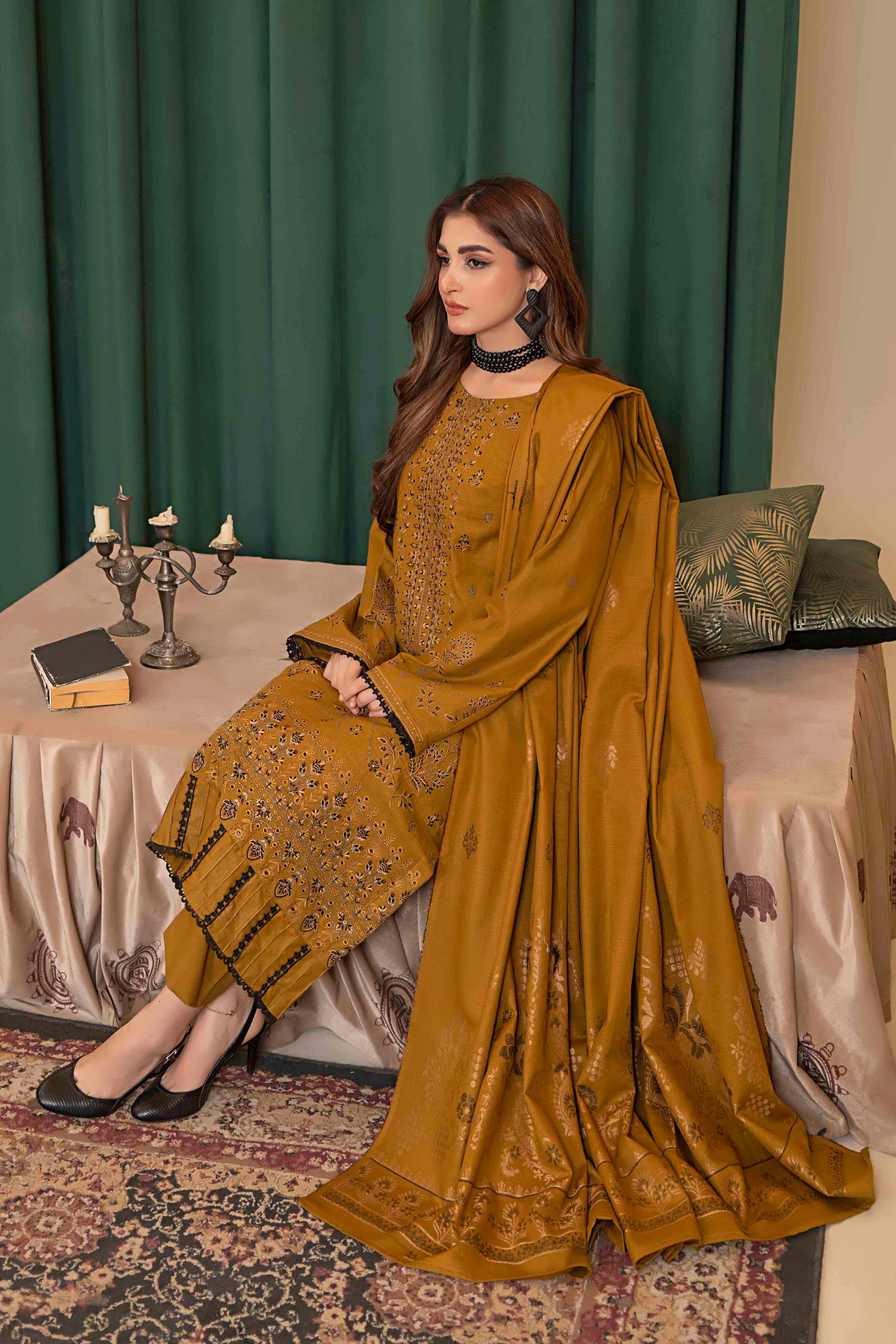 Luxury Brown- 3 Pc Embroidered Slub Khaddar Suit