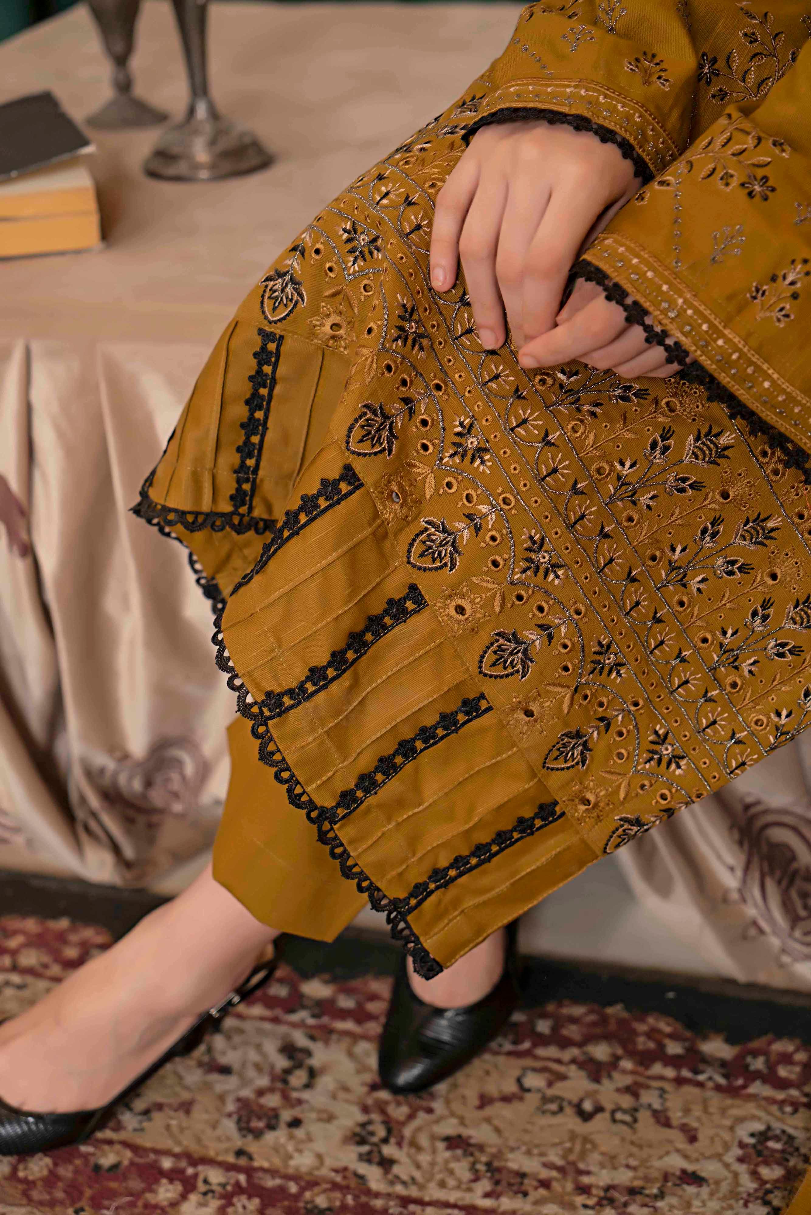 Luxury Brown- 3 Pc Embroidered Slub Khaddar Suit