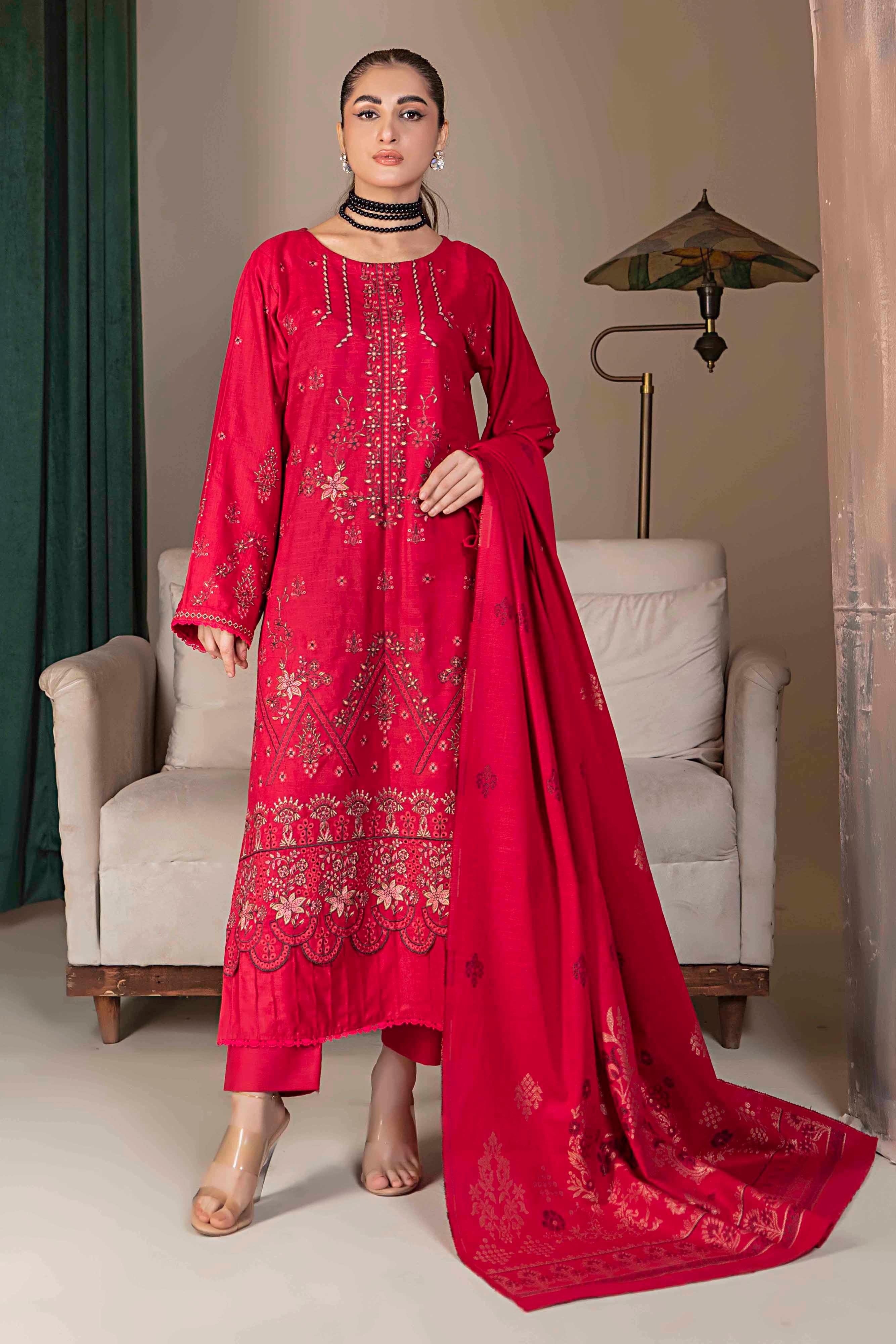 Deep Red - 3 Pc Embroidered Slub Khaddar Suit