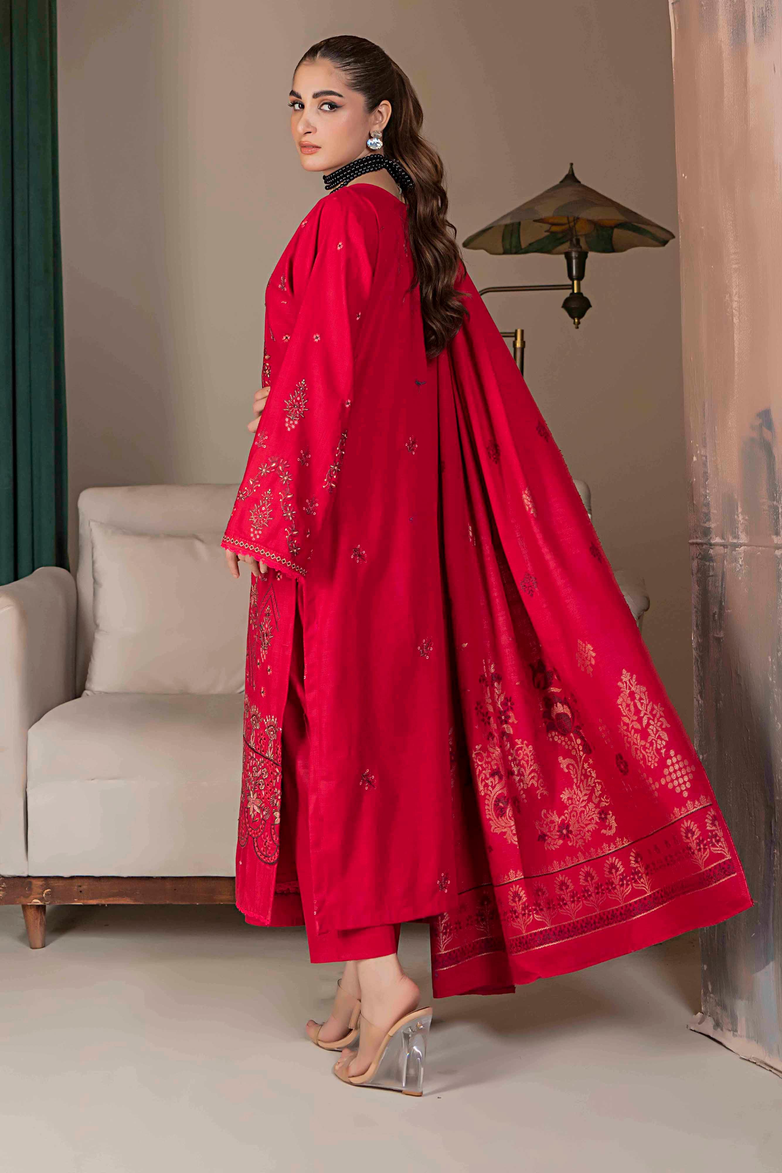 Deep Red - 3 Pc Embroidered Slub Khaddar Suit