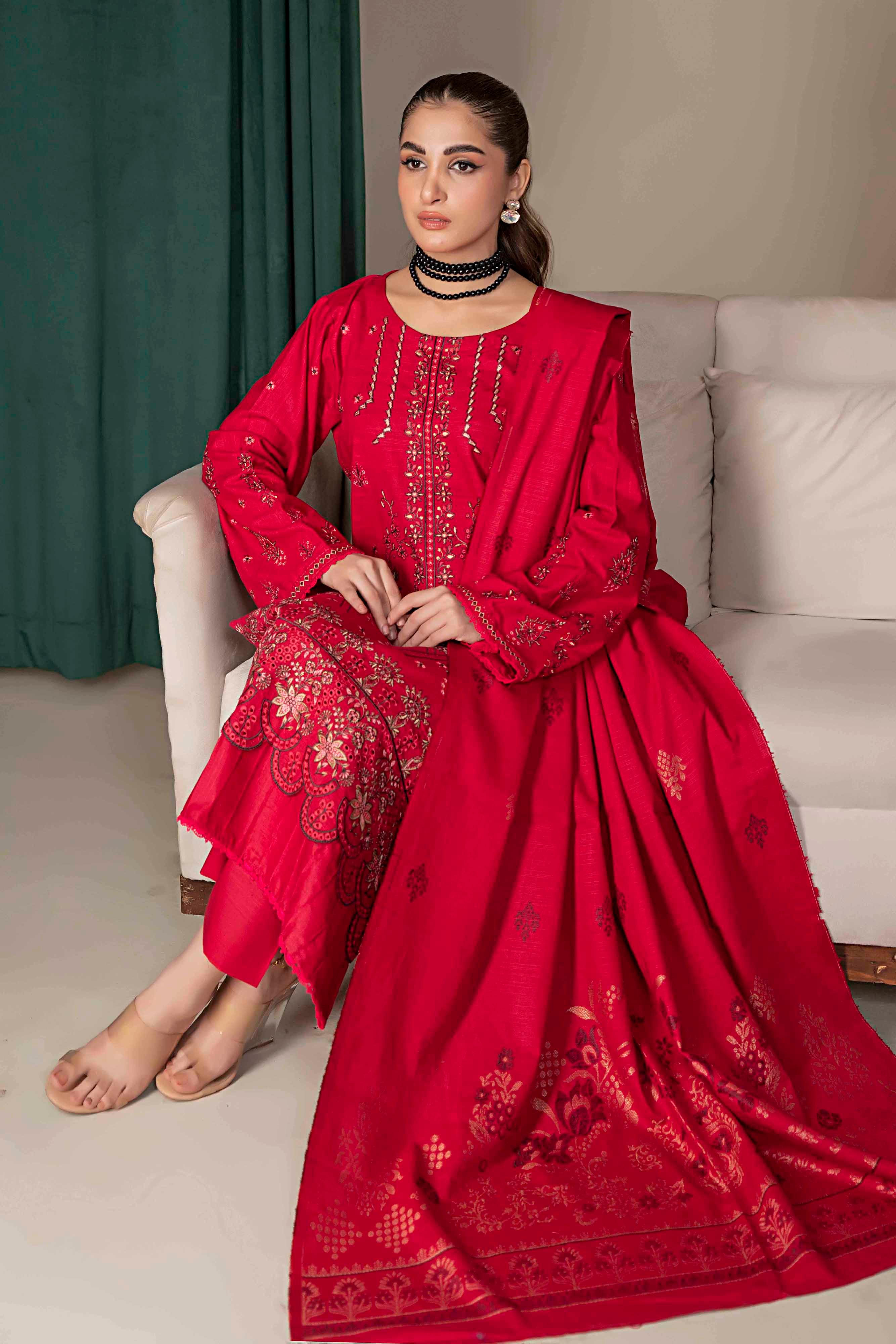 Deep Red - 3 Pc Embroidered Slub Khaddar Suit