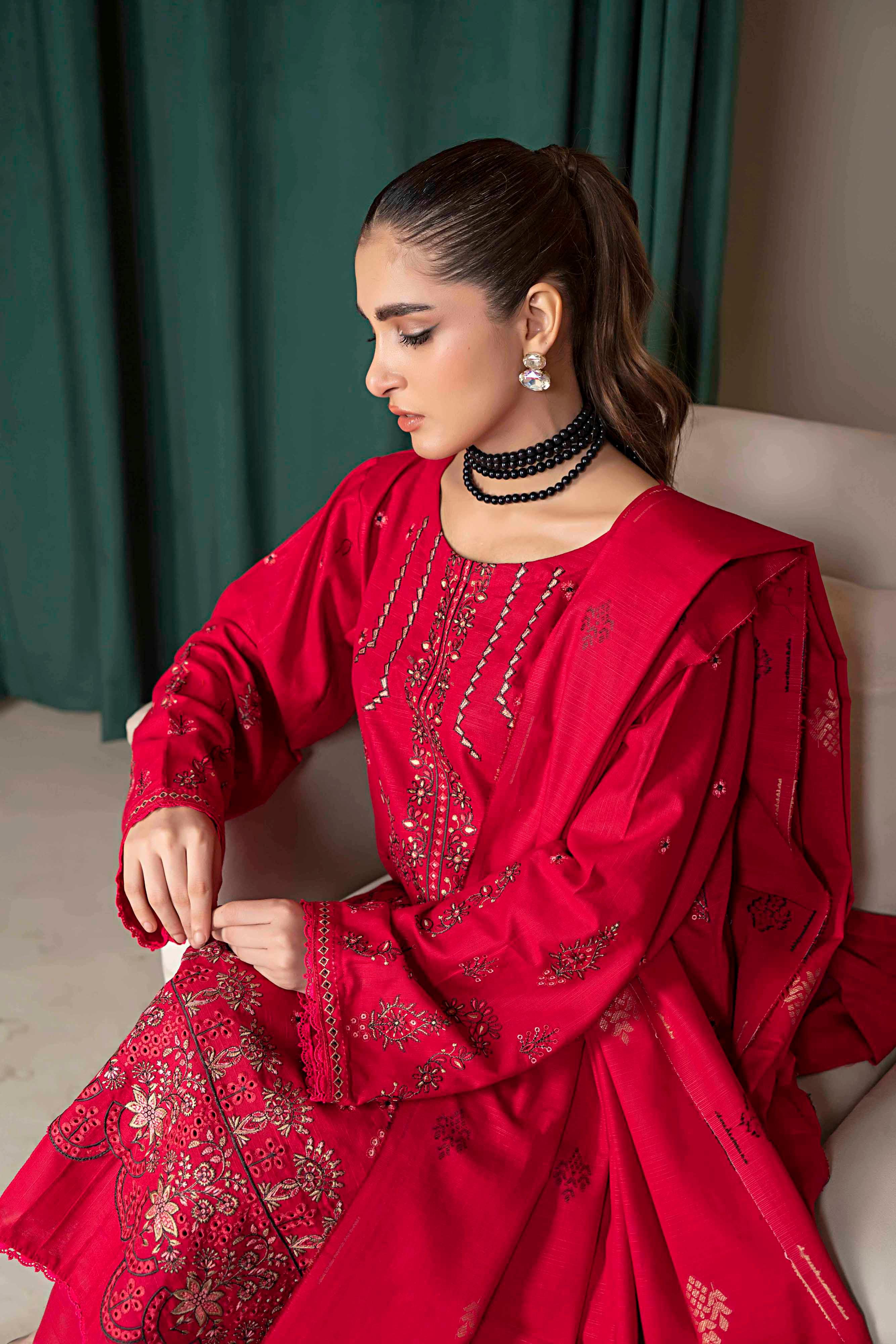 Deep Red - 3 Pc Embroidered Slub Khaddar Suit