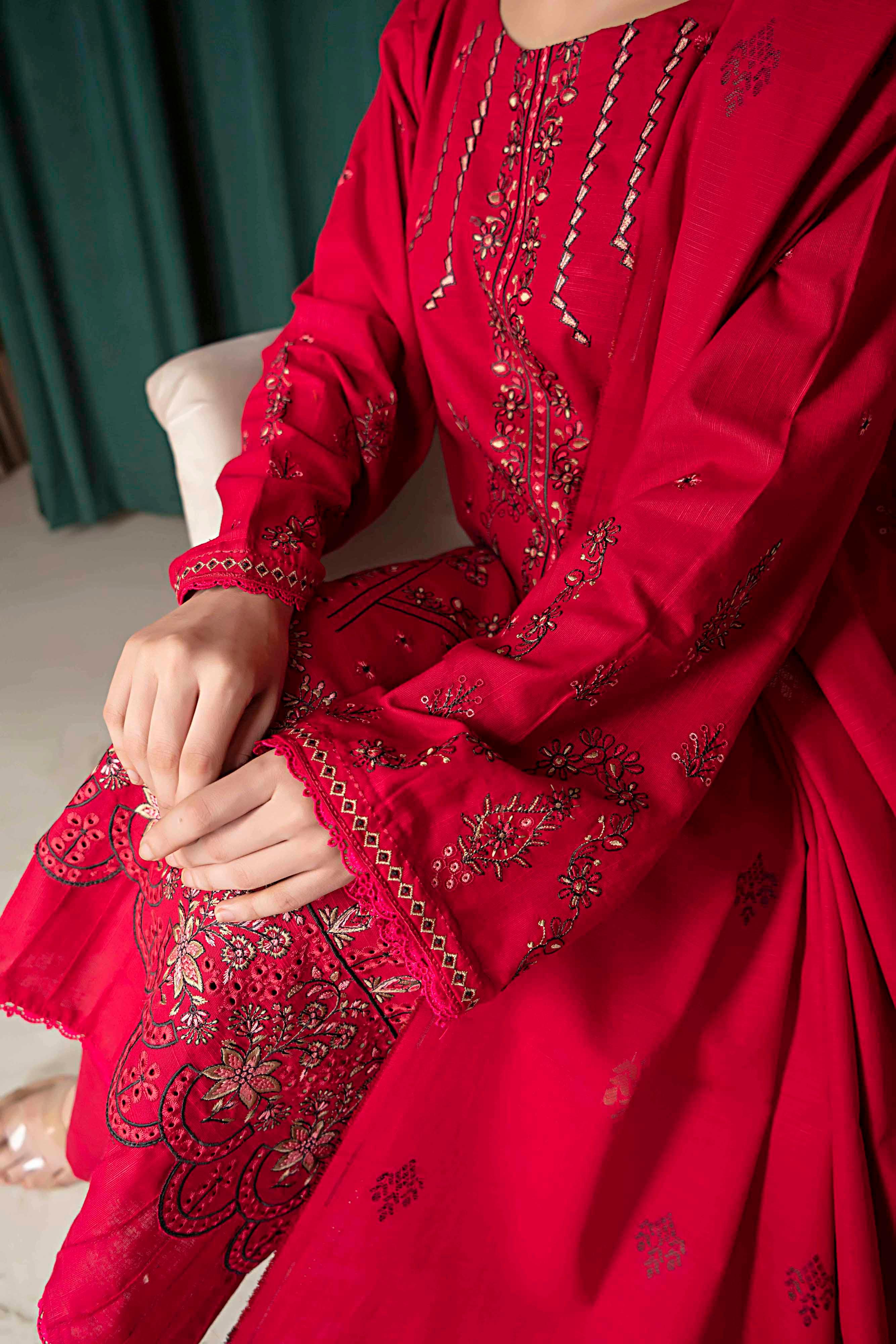 Deep Red - 3 Pc Embroidered Slub Khaddar Suit