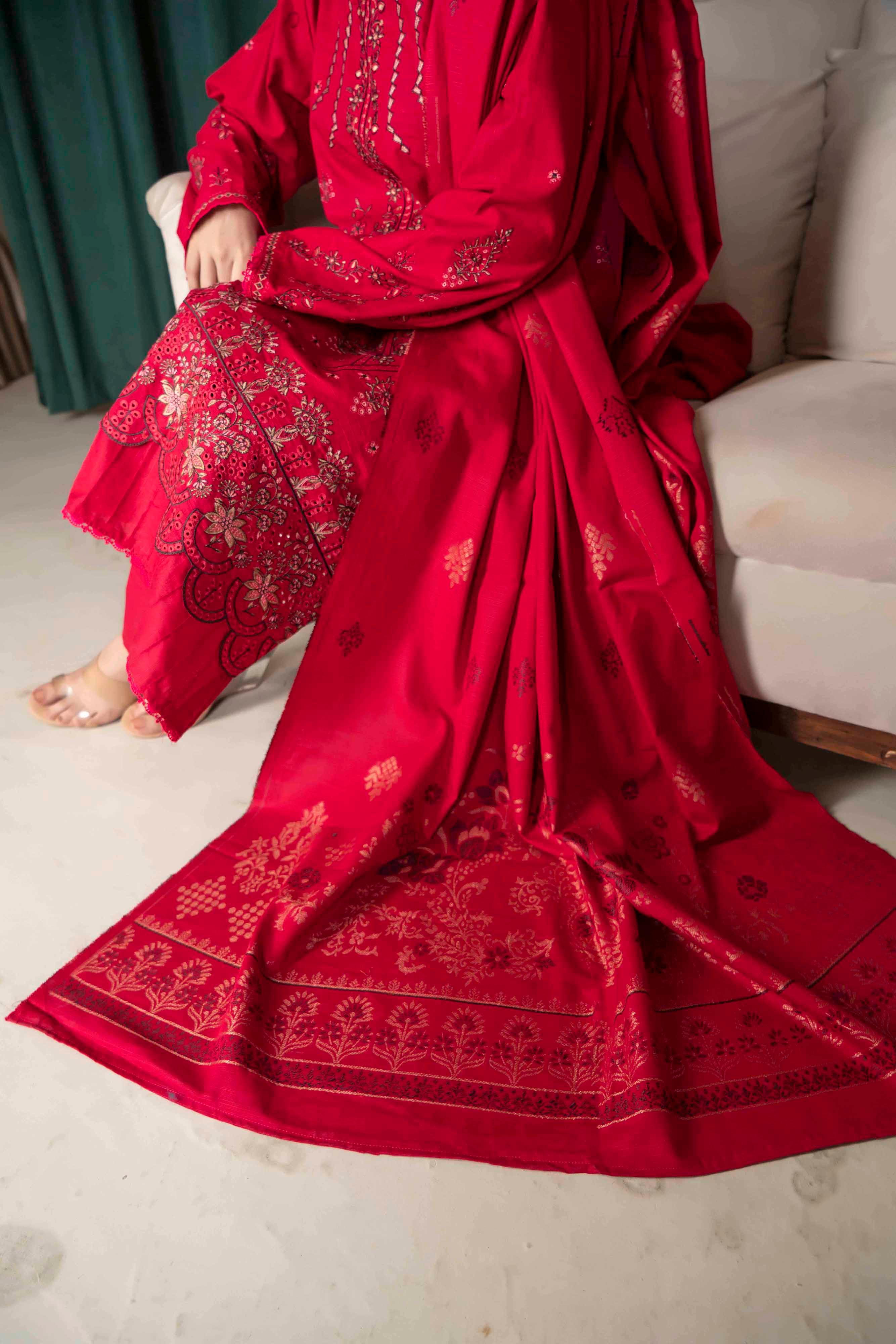 Deep Red - 3 Pc Embroidered Slub Khaddar Suit