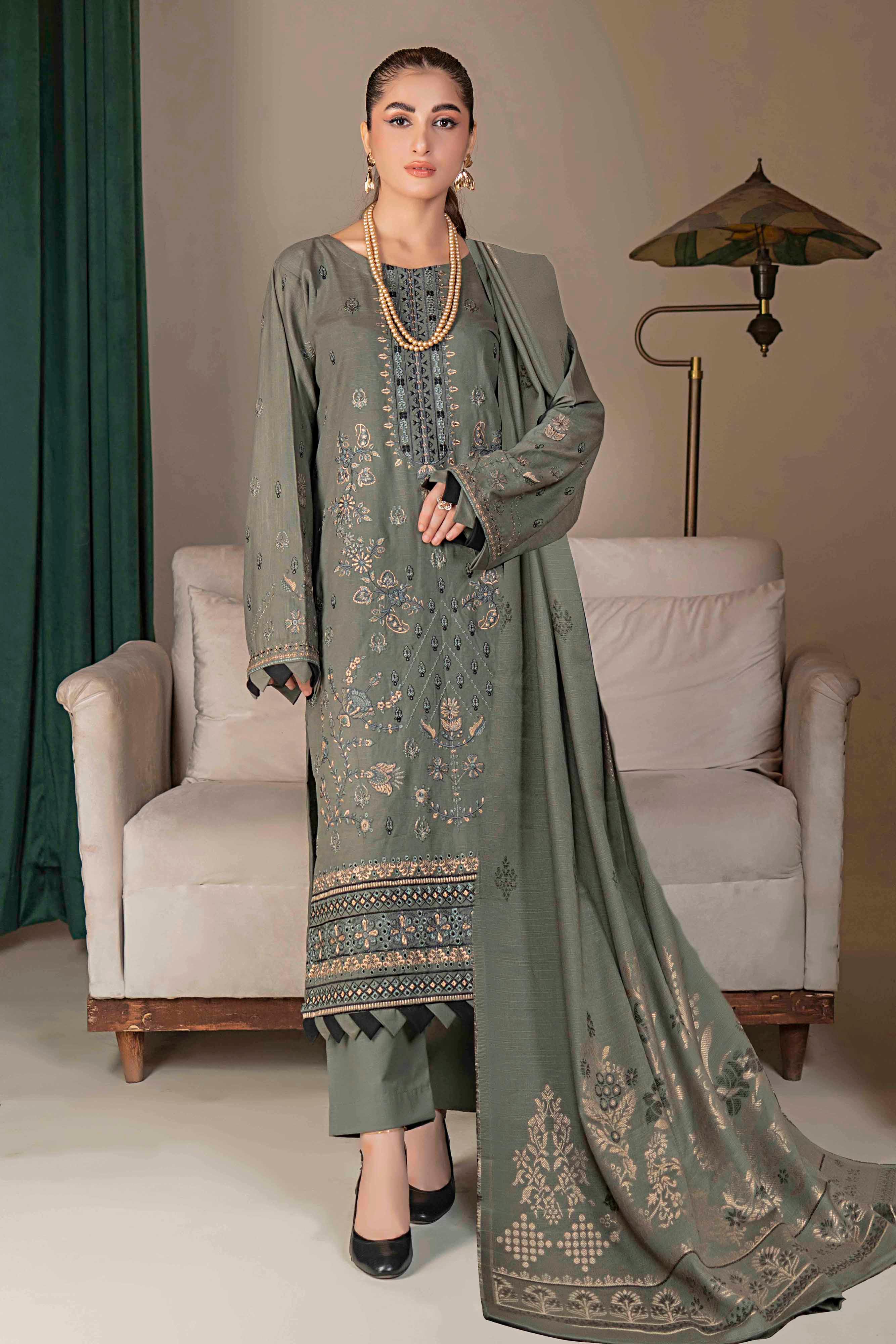 Luxury Grey - 3 Pc Embroidered Slub Khaddar Suit