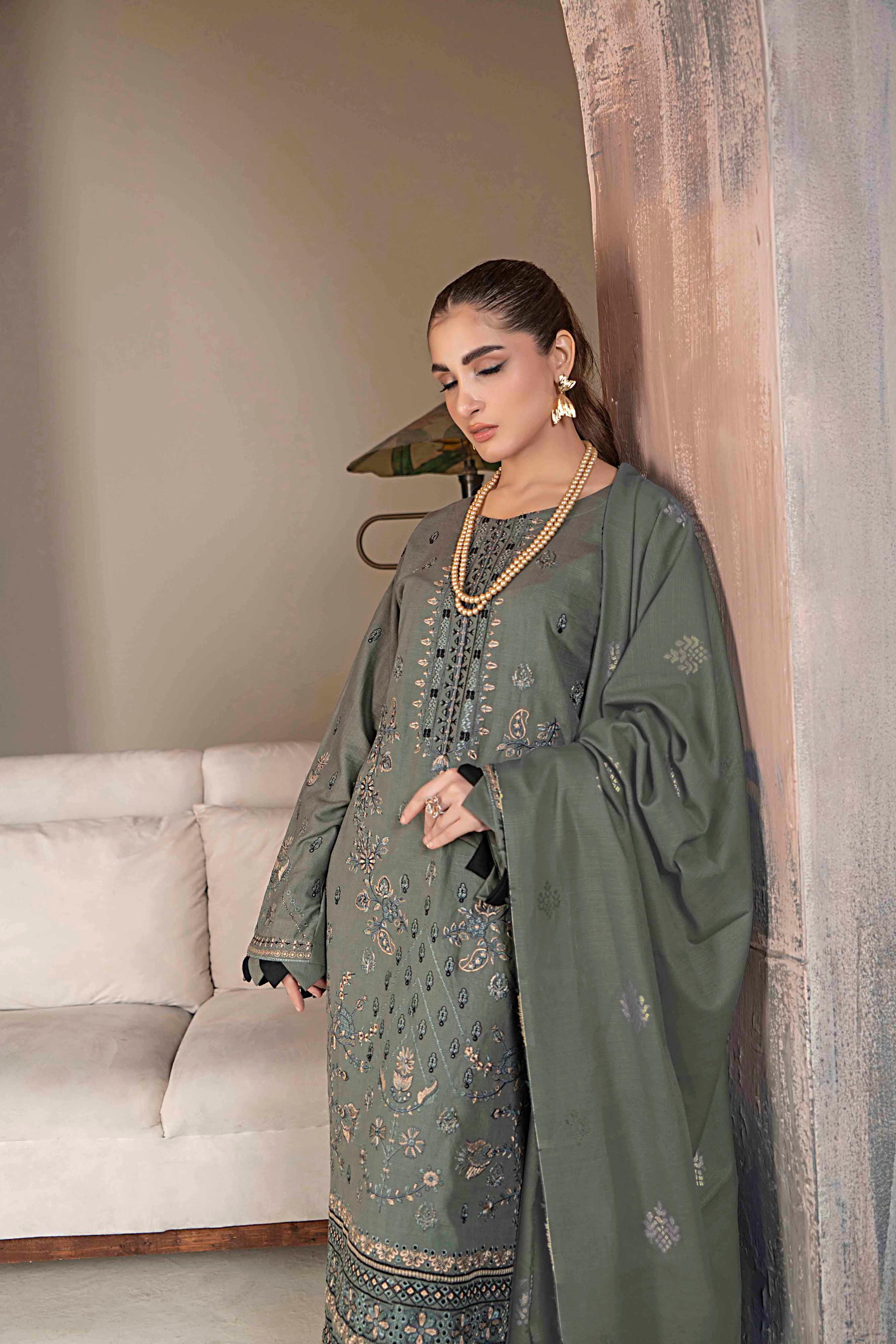 Luxury Grey - 3 Pc Embroidered Slub Khaddar Suit