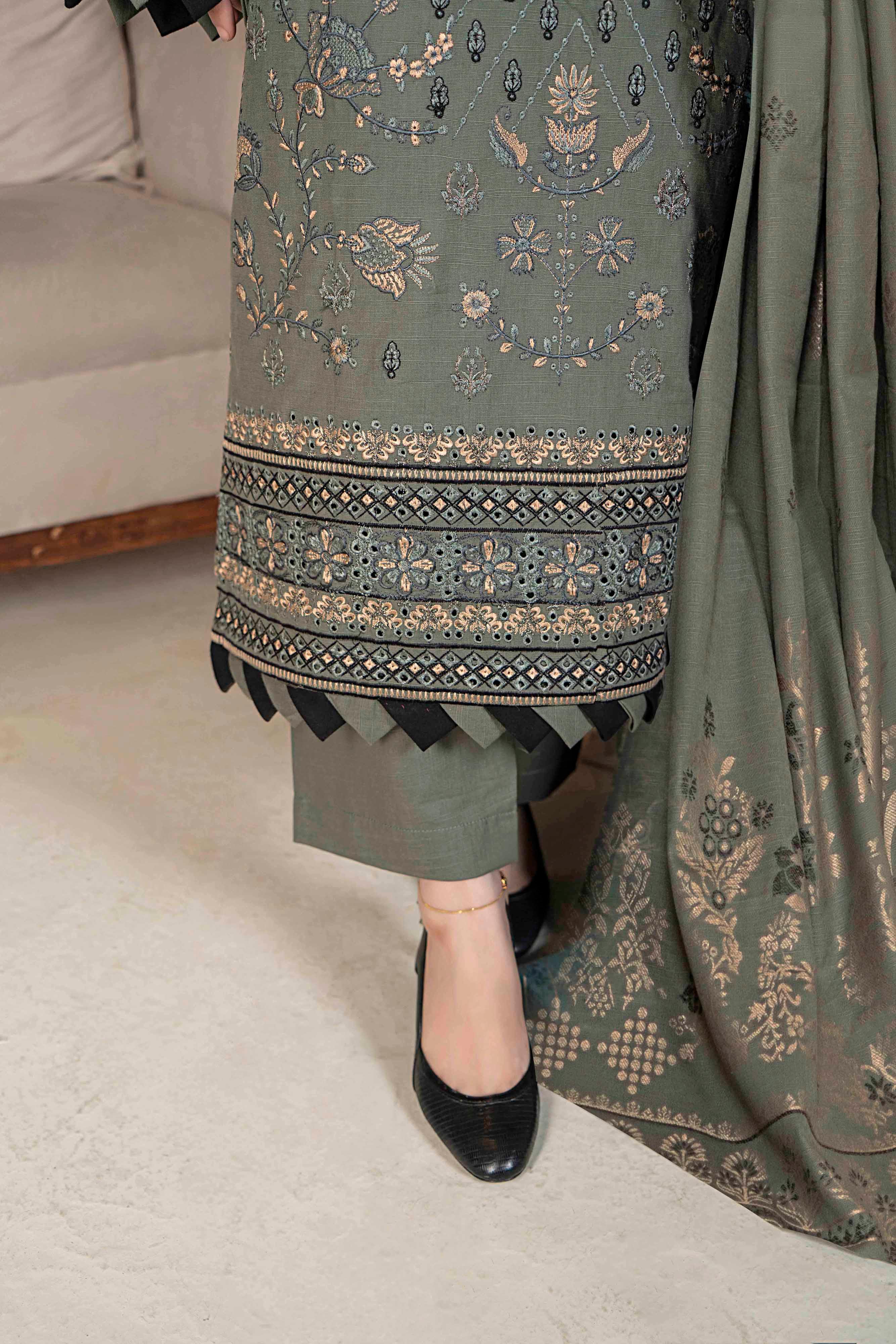 Luxury Grey - 3 Pc Embroidered Slub Khaddar Suit