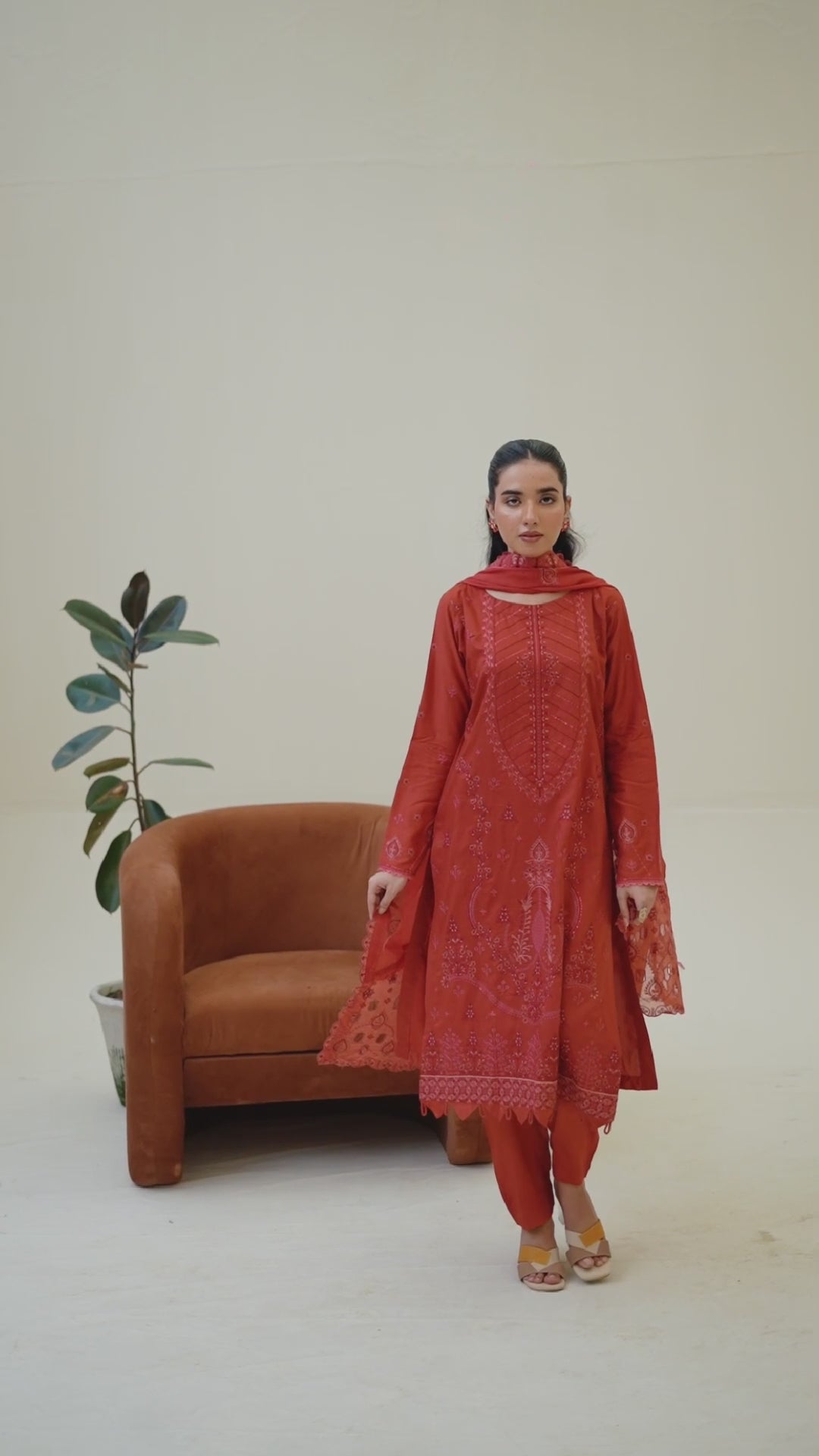 Luxury Rust 3 Pcs Doria Embroidered Viscose Suit