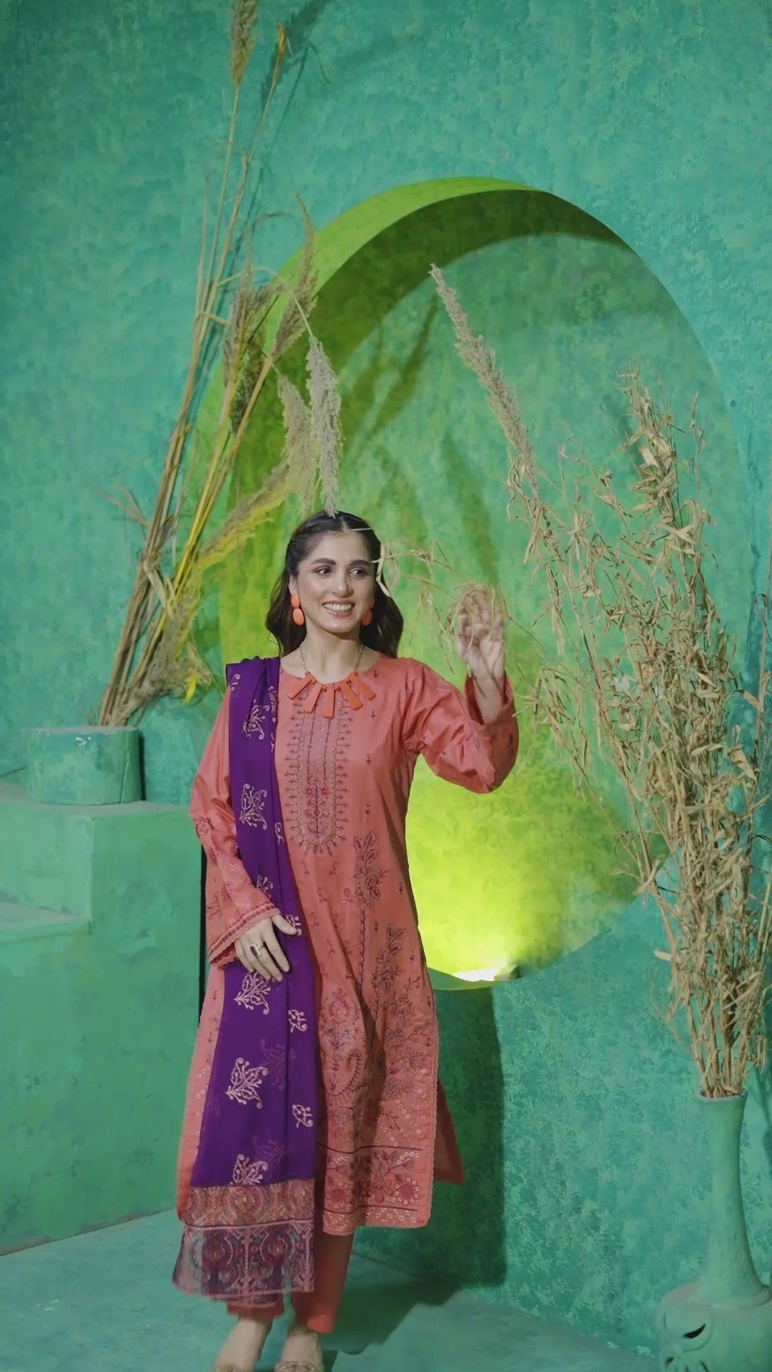 Luxury Peach Embroidered Doria Lawn Set