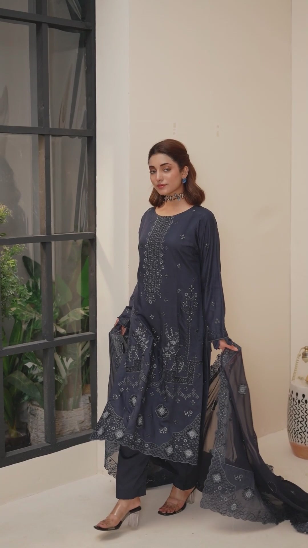 Luxury Blue 3 Pcs Embroidered Viscose Doria Suit