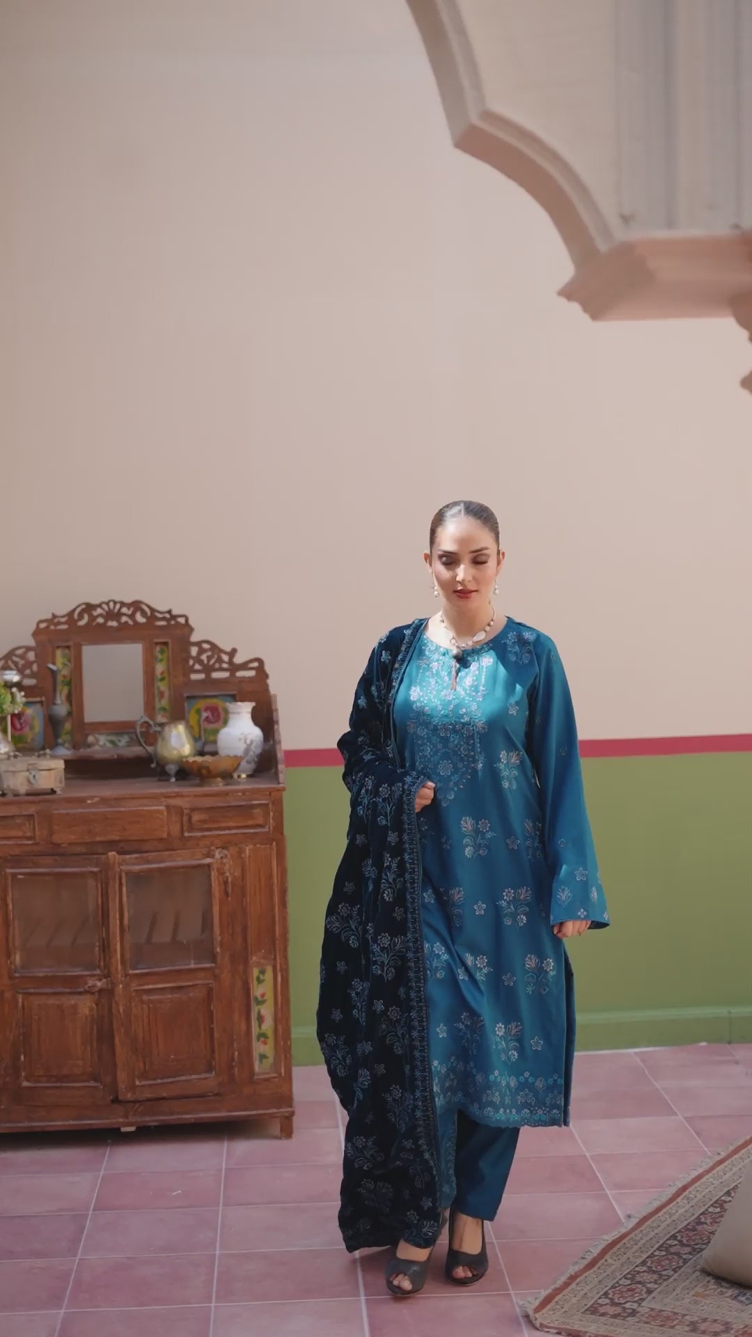 Luxury Blue 3 Pcs Embroidered Dhanak Set