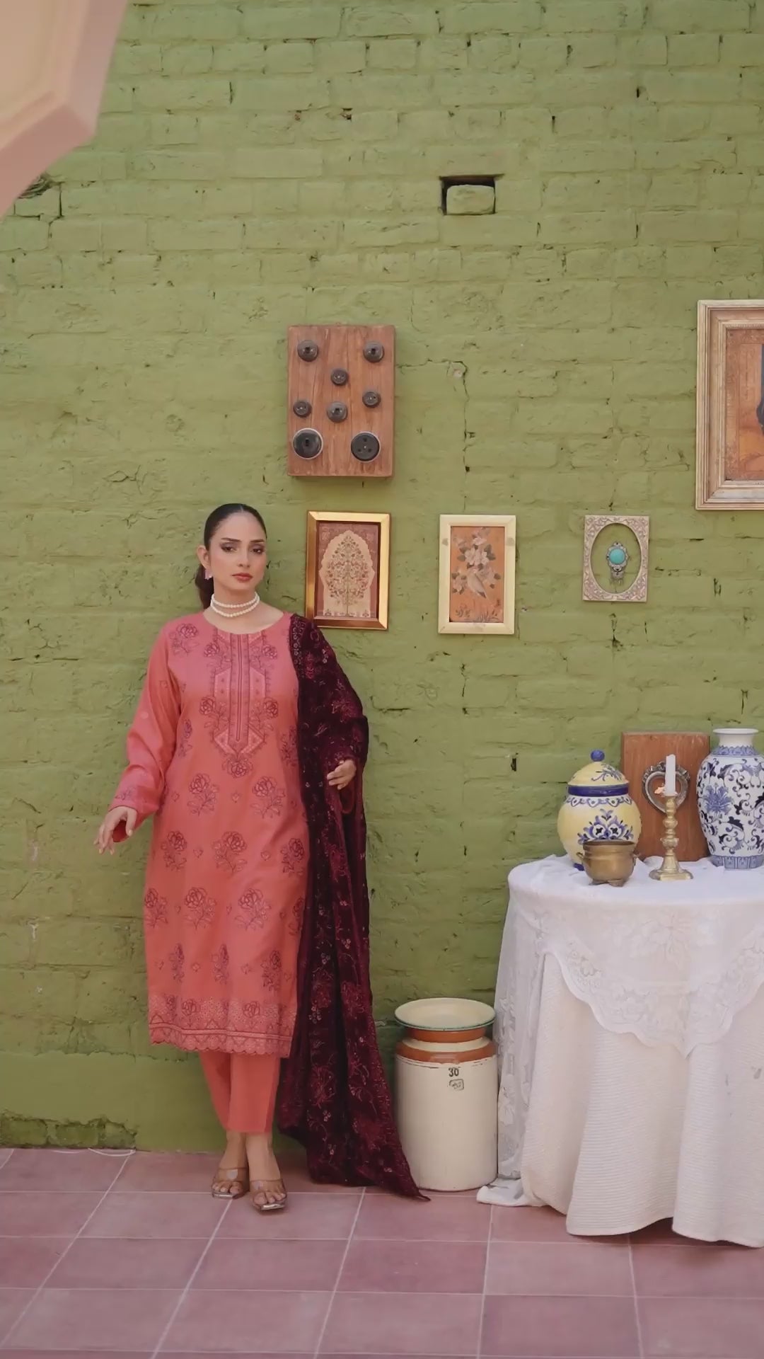 Luxury Peach Pink 3 Pcs Embroidered Dhanak Set