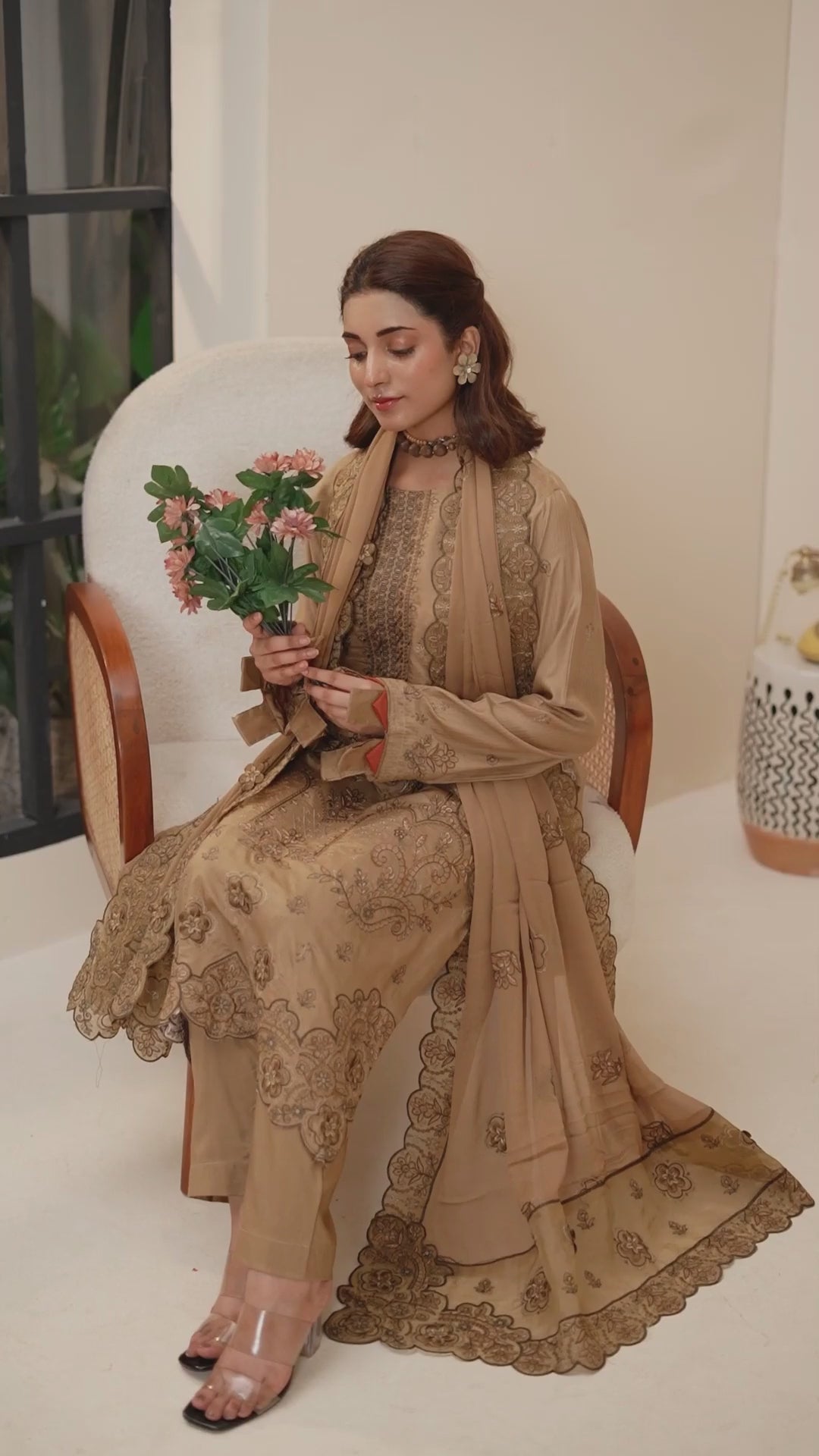 Luxury Beige 3 Pcs Embroidered Viscose Doria Suit